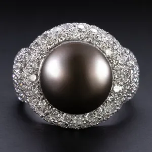 BLACK PEARL DIAMOND COCKTAIL RING 3ct 18k WHITE GOLD DOME PAVE BIG STATEMENT