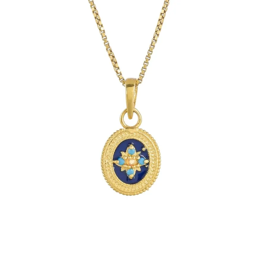 Blue Enamel with Turquoise & Citrine Pendant Necklace