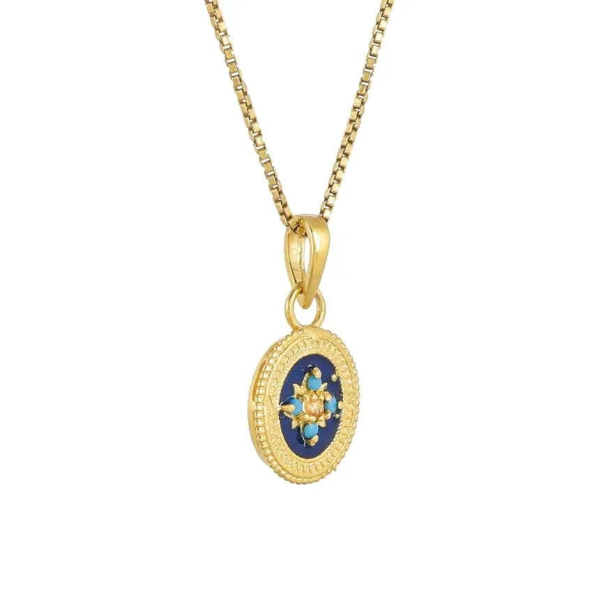 Blue Enamel with Turquoise & Citrine Pendant Necklace