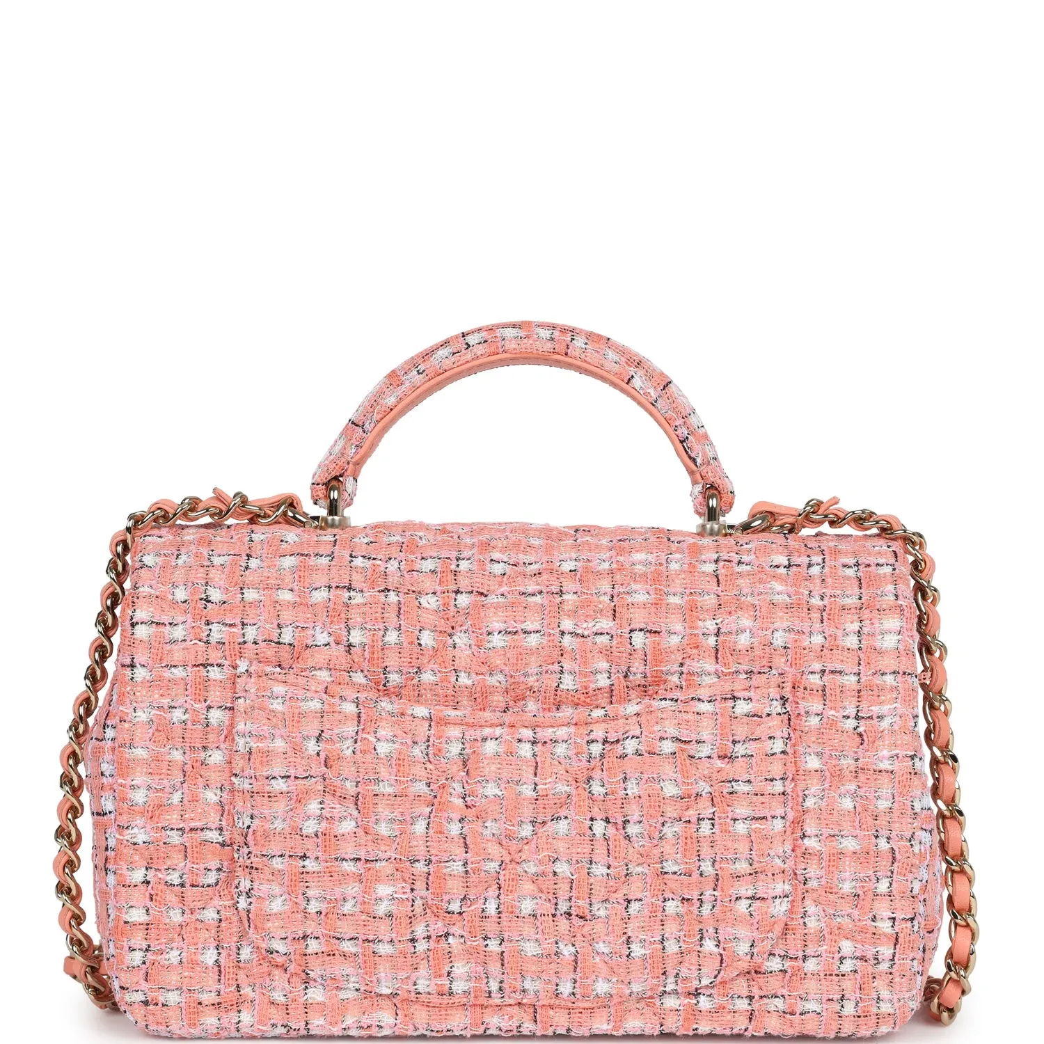 Chanel Mini Rectangular Top Handle Flap Bag Coral Tweed Light Gold Hardware