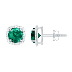 Classic Created Emerald Halo Stud Earrings with Moissanite Gold