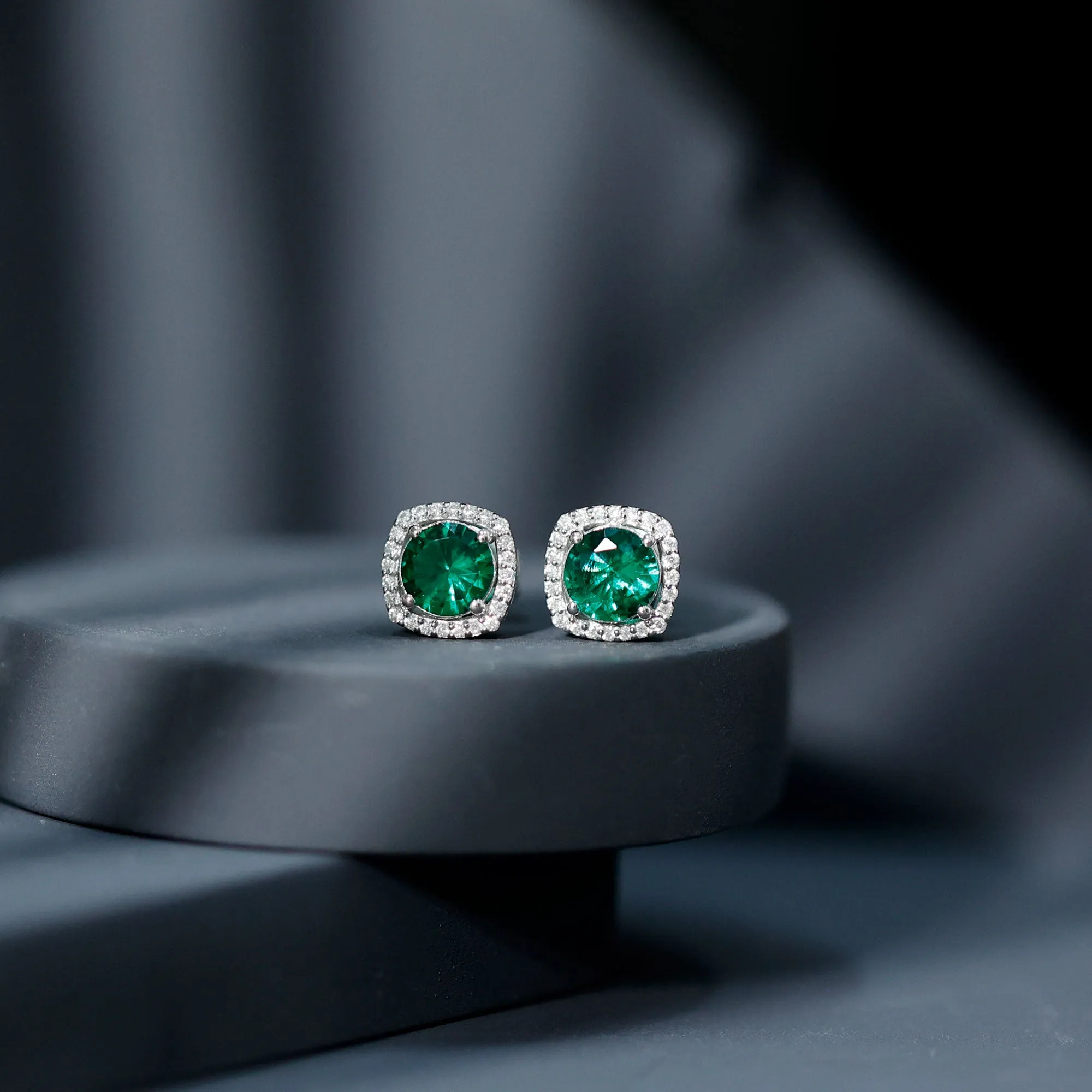 Classic Created Emerald Halo Stud Earrings with Moissanite Gold