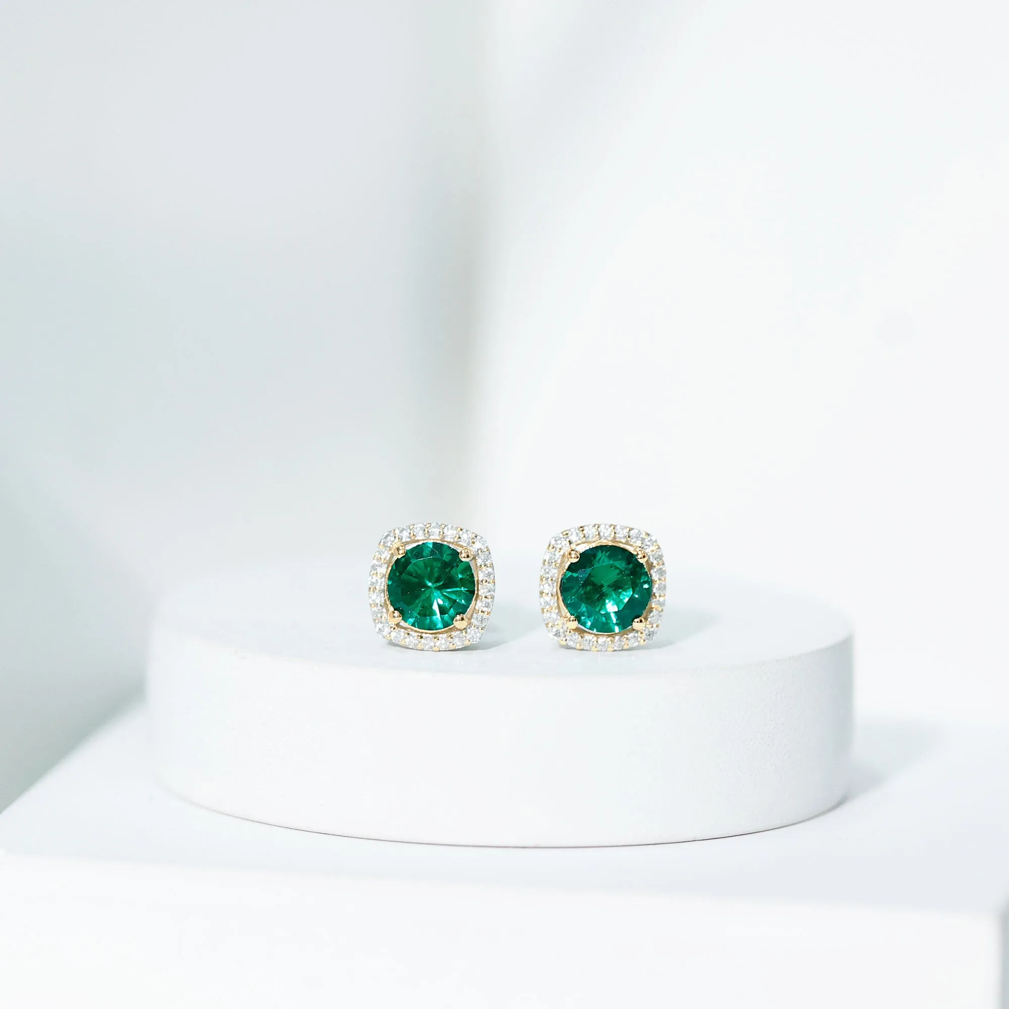 Classic Created Emerald Halo Stud Earrings with Moissanite Gold