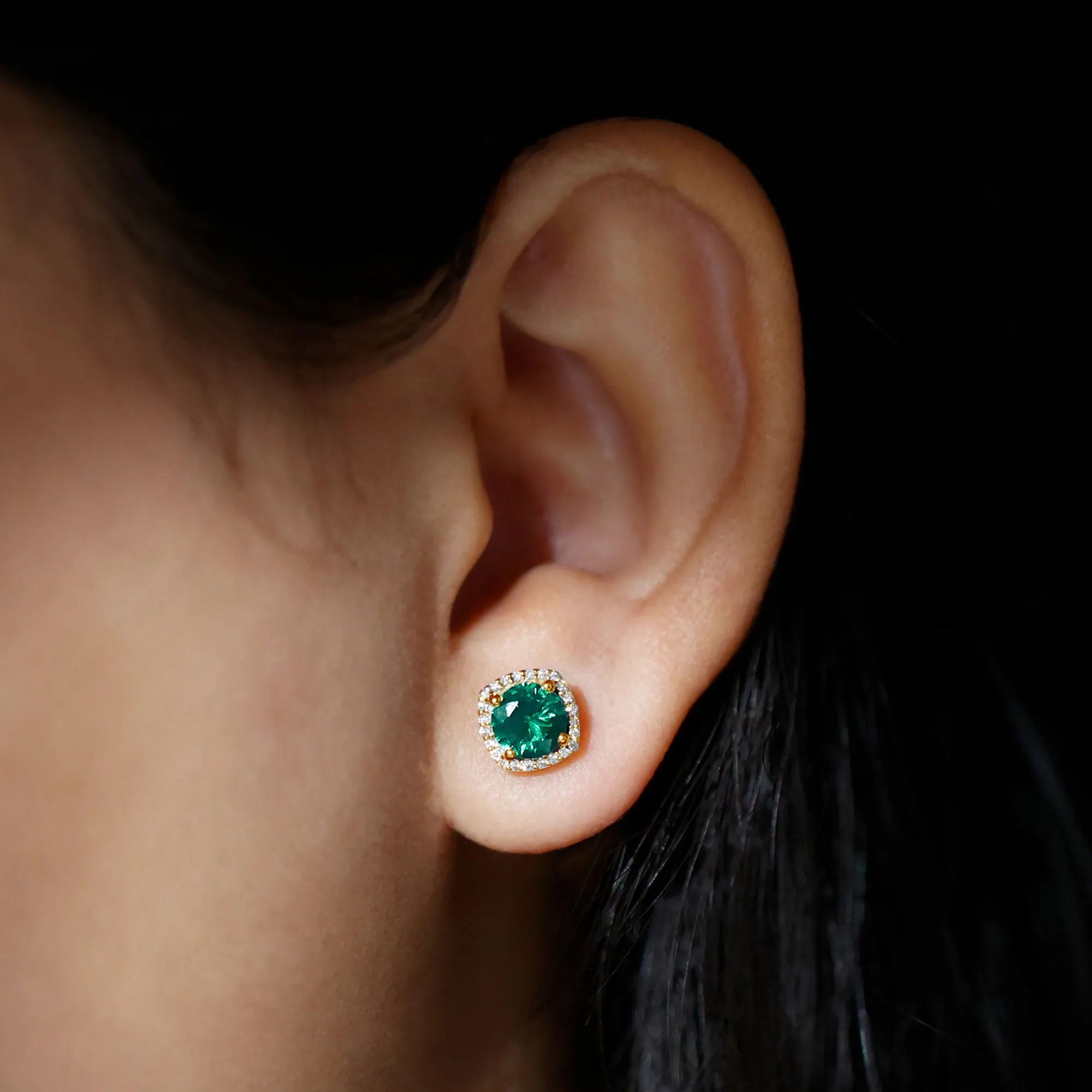 Classic Created Emerald Halo Stud Earrings with Moissanite Gold