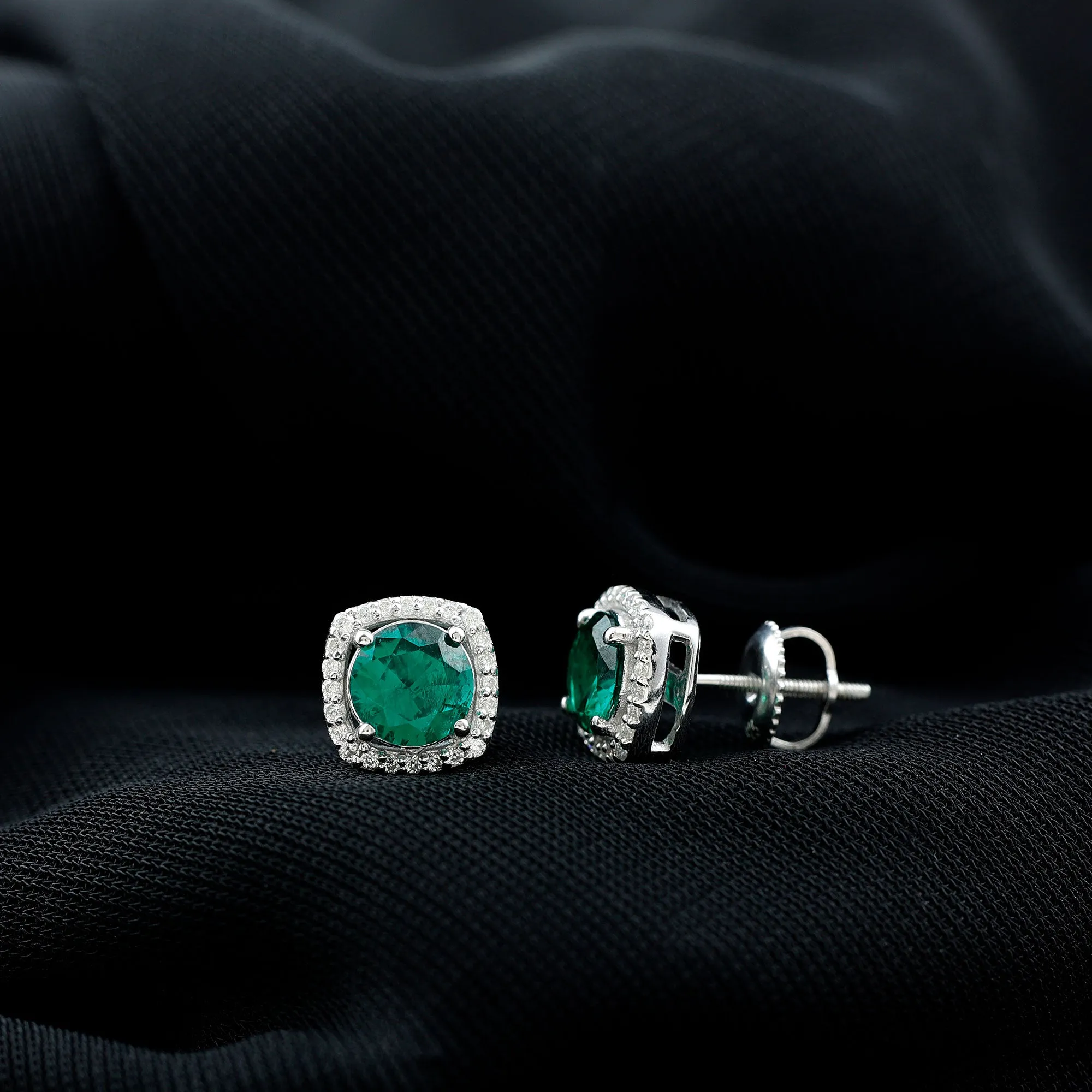 Classic Created Emerald Halo Stud Earrings with Moissanite Gold