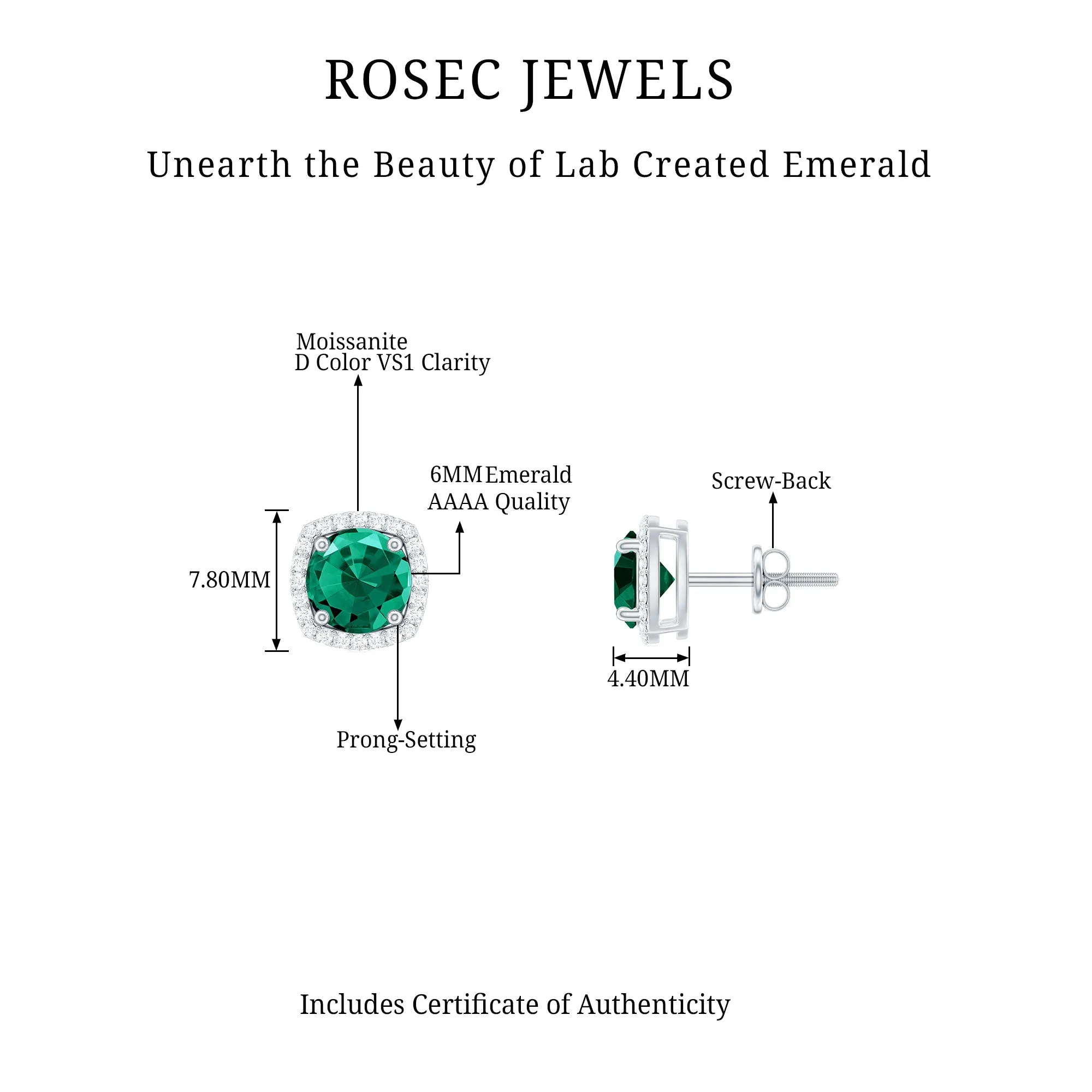 Classic Created Emerald Halo Stud Earrings with Moissanite Gold