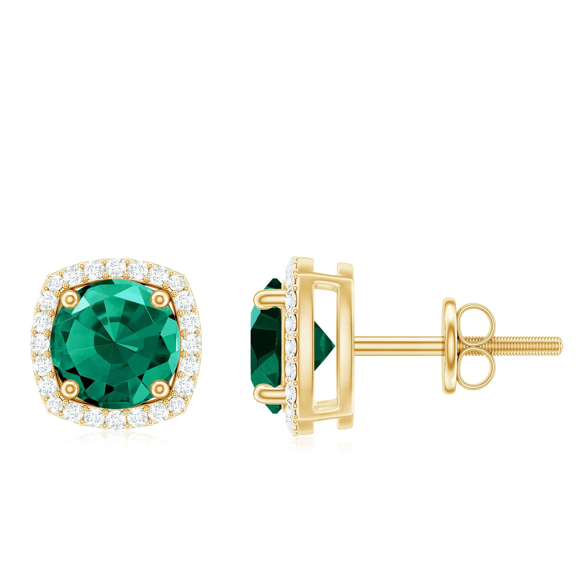 Classic Created Emerald Halo Stud Earrings with Moissanite Gold