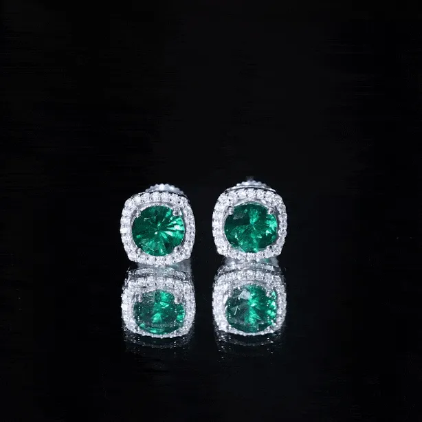 Classic Created Emerald Halo Stud Earrings with Moissanite Gold