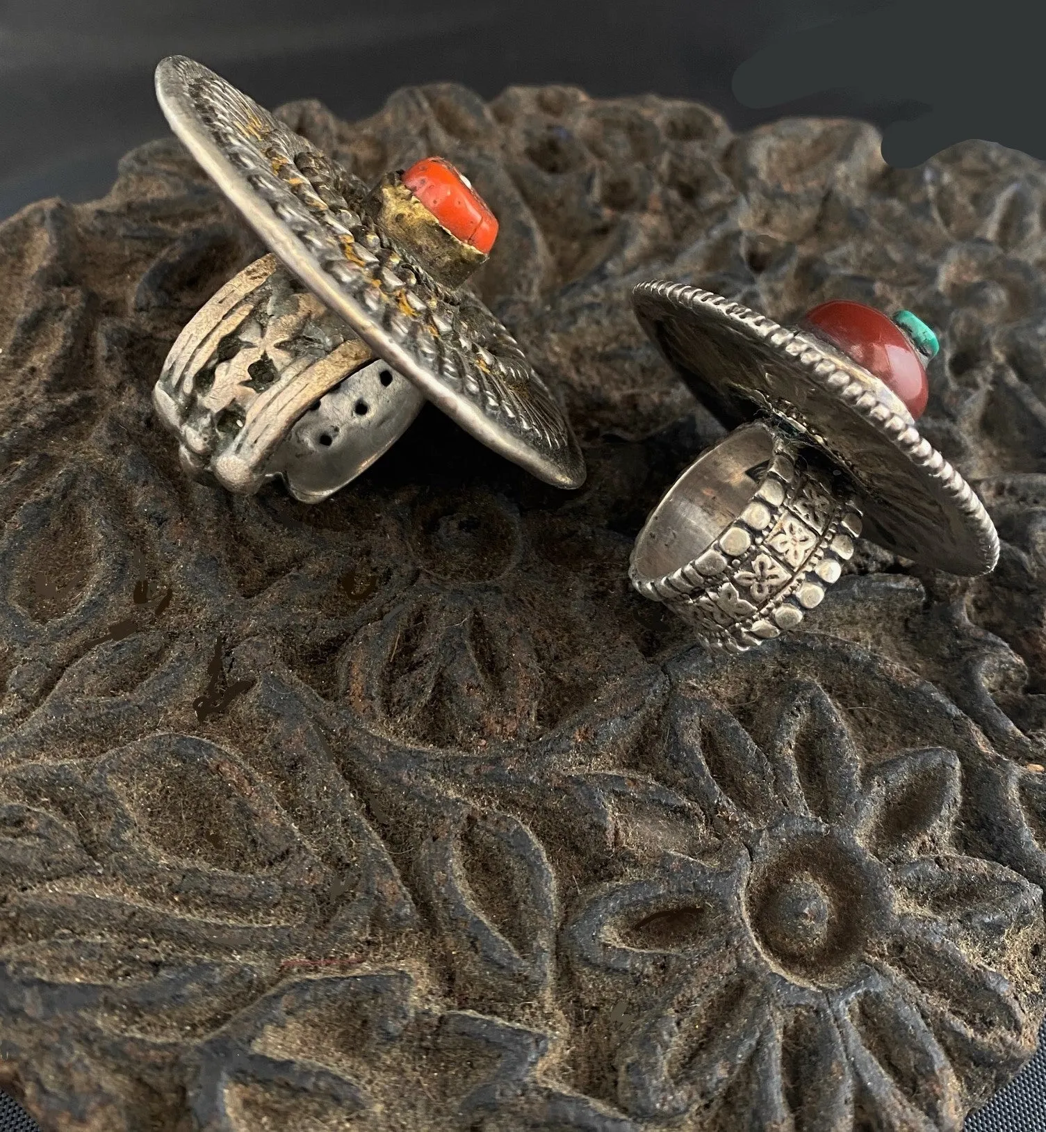 Coral and Silver Tibetan Upcycled Rings