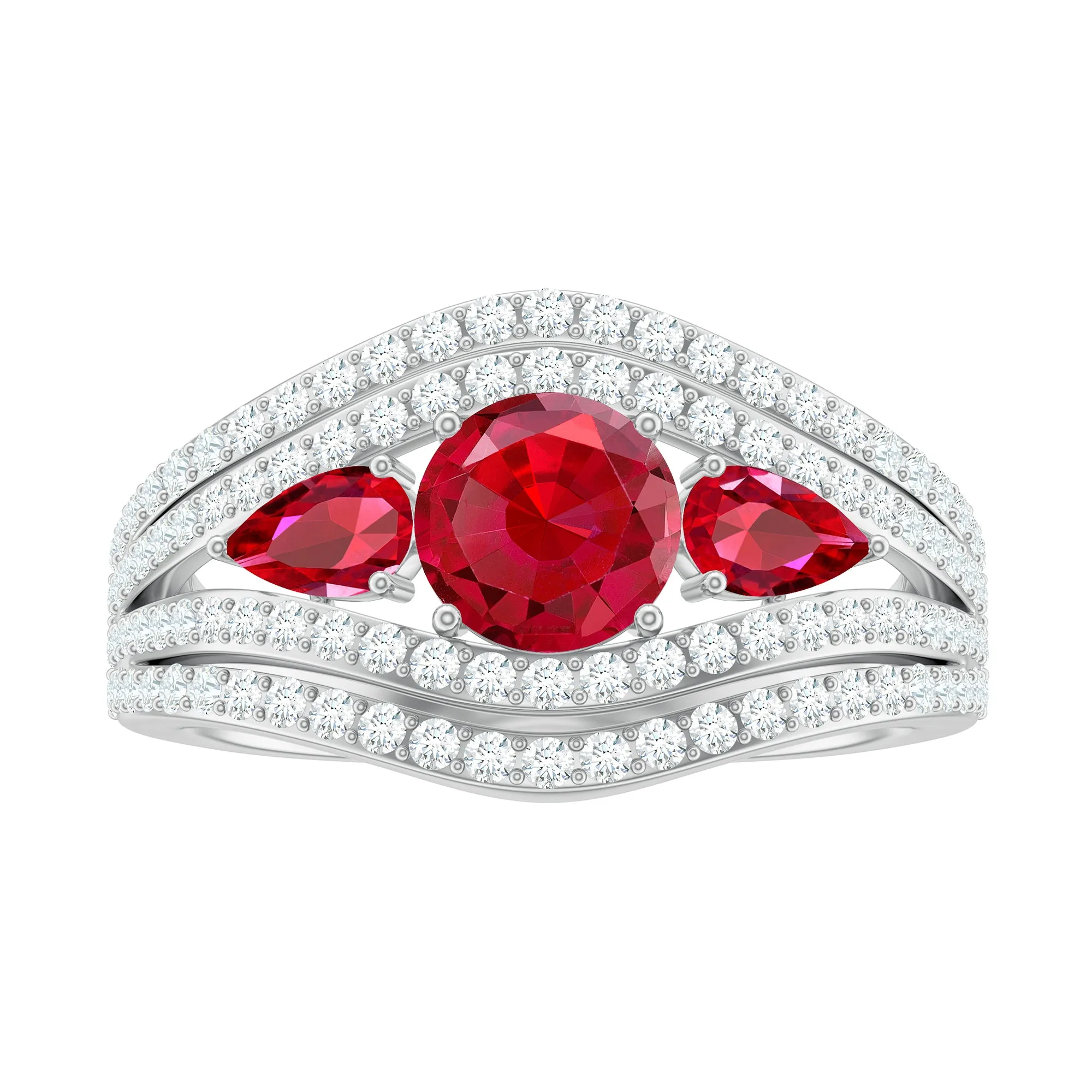 Created Ruby 3 Stone Engagement Ring With Moissanite