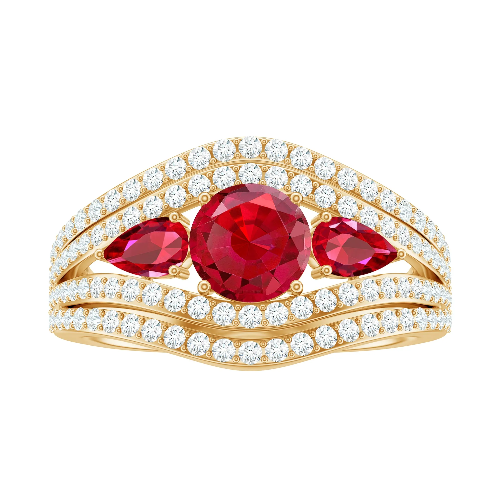 Created Ruby 3 Stone Engagement Ring With Moissanite