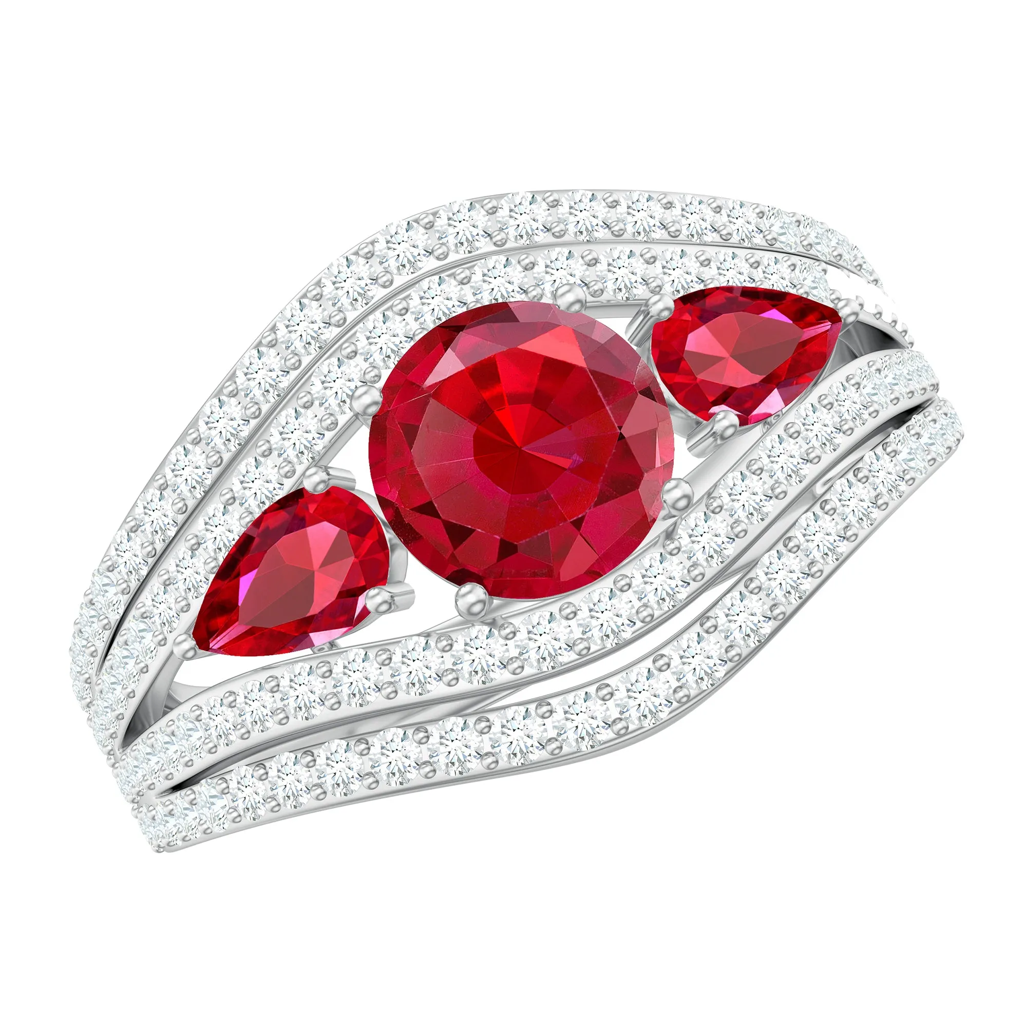 Created Ruby 3 Stone Engagement Ring With Moissanite