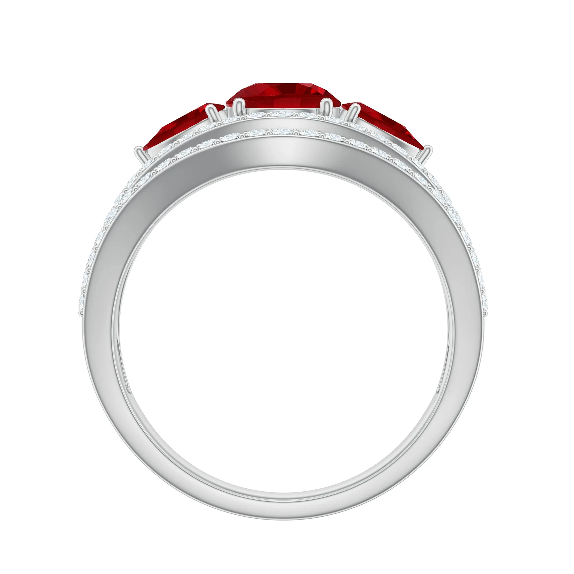 Created Ruby 3 Stone Engagement Ring With Moissanite