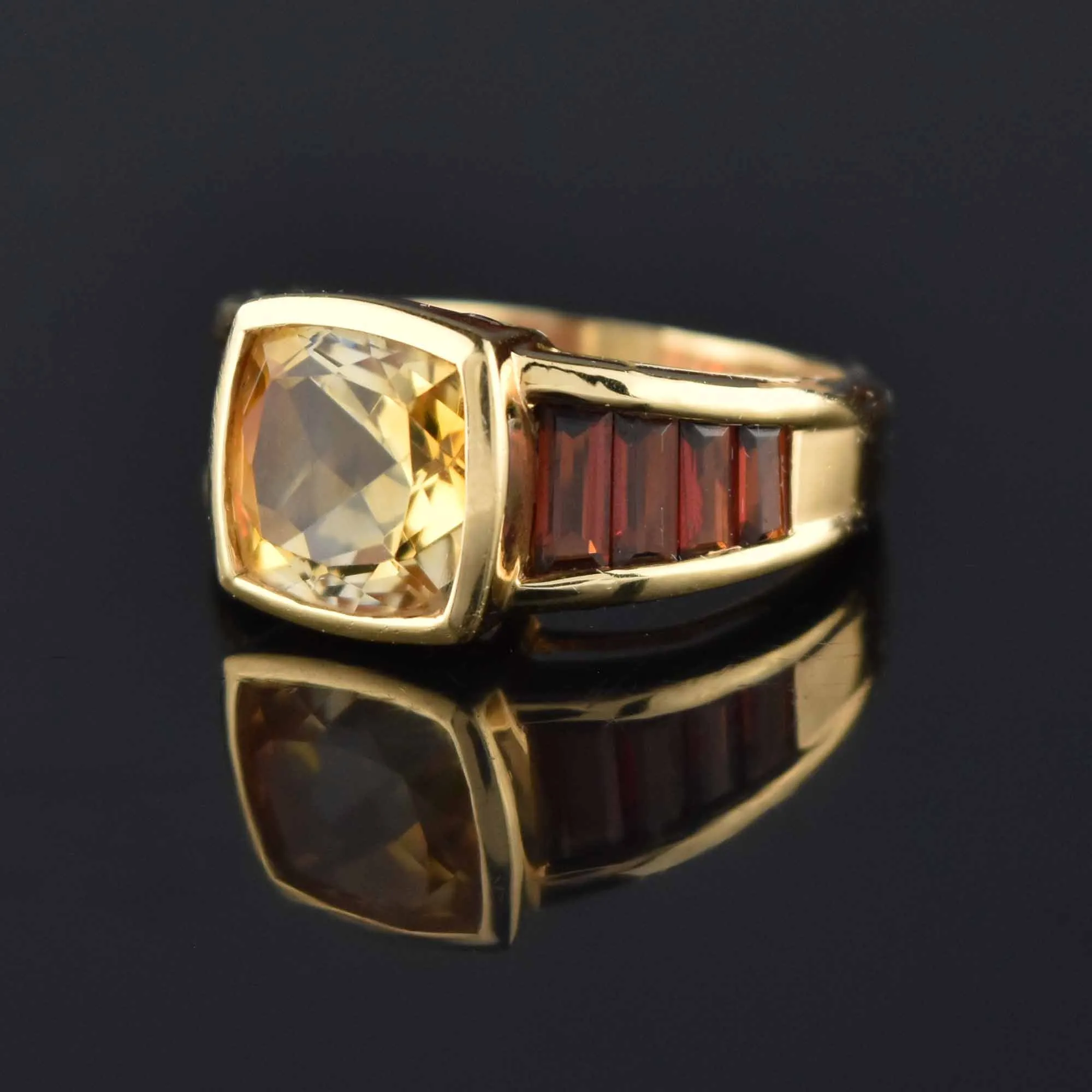 Cushion Cut Citrine Baguette Garnet Band Ring, 14K Gold