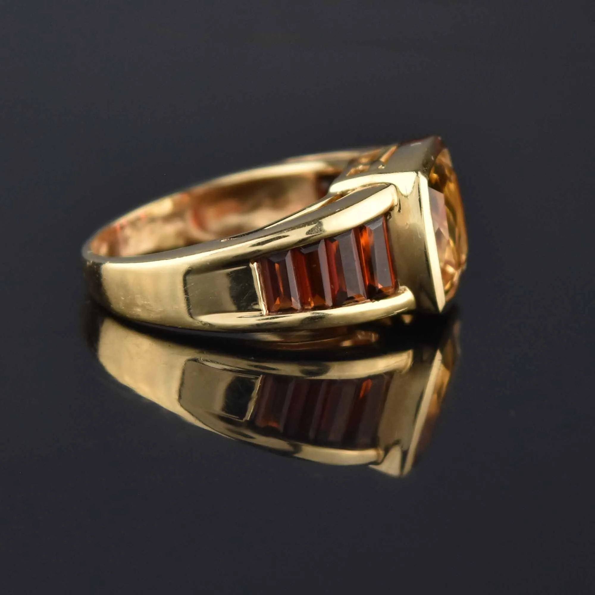 Cushion Cut Citrine Baguette Garnet Band Ring, 14K Gold