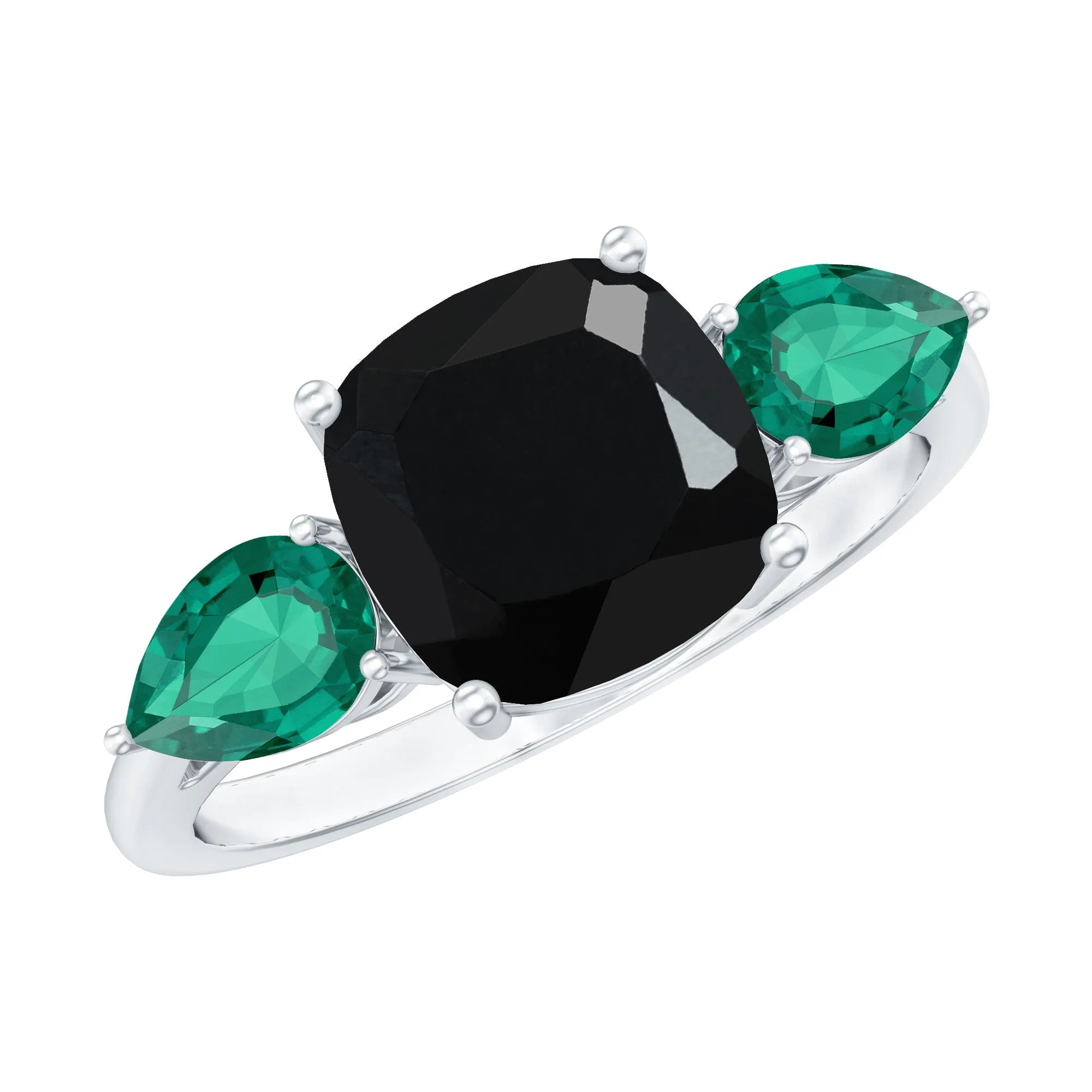 Cushion Cut Created Black Diamond Three Stone Ring