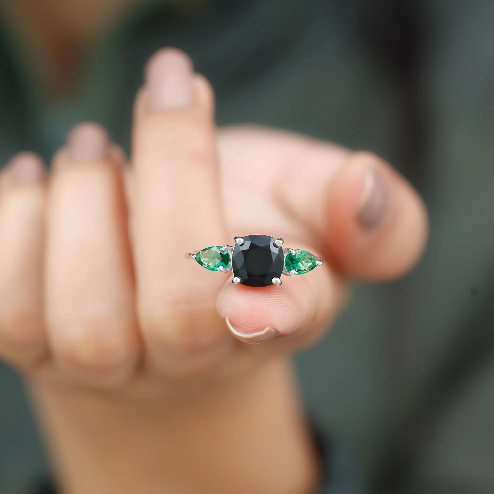 Cushion Cut Created Black Diamond Three Stone Ring