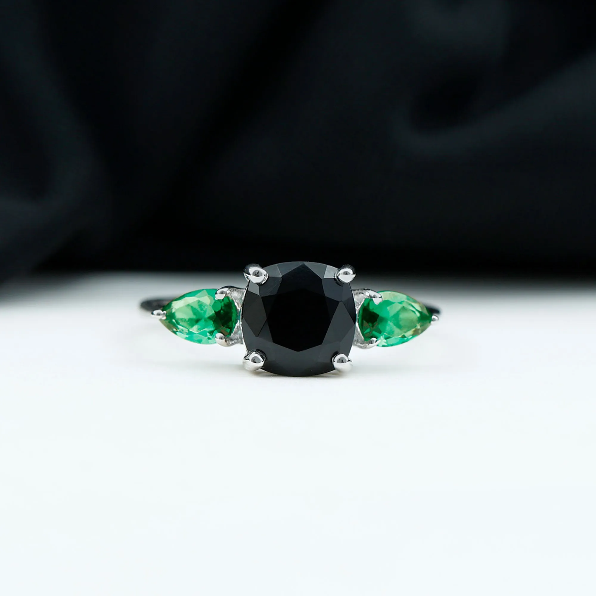 Cushion Cut Created Black Diamond Three Stone Ring