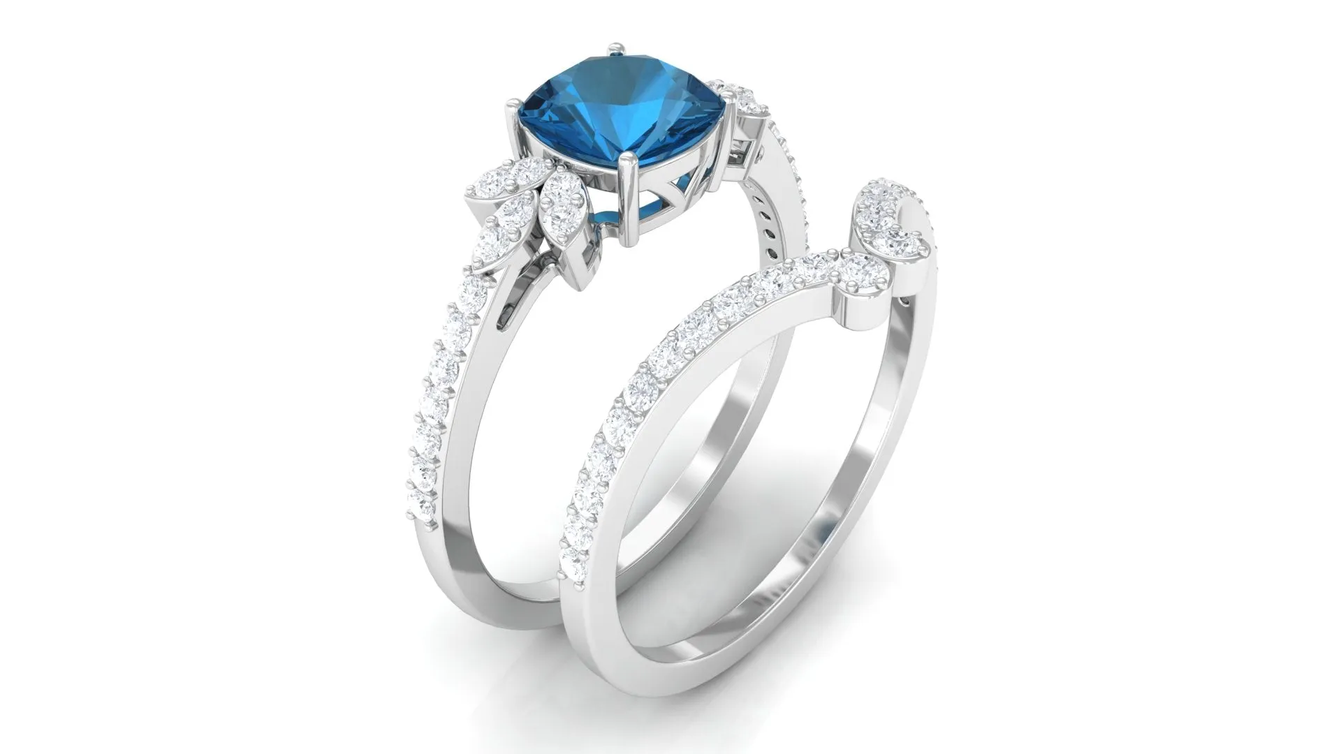 Cushion Cut London Blue Topaz and Diamond Bridal Ring Set