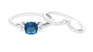 Cushion Cut London Blue Topaz and Diamond Bridal Ring Set