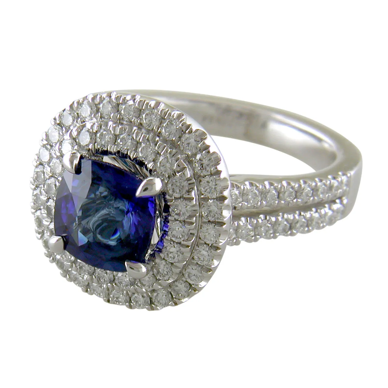 Cushion Shaped Blue Sapphire & Diamond Double Halo Platinum Engagement or Cocktail Ring