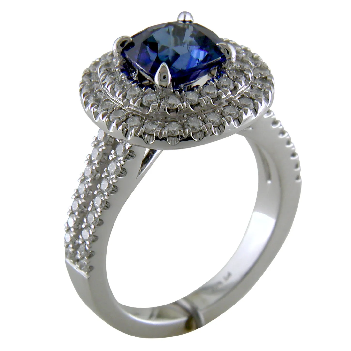 Cushion Shaped Blue Sapphire & Diamond Double Halo Platinum Engagement or Cocktail Ring