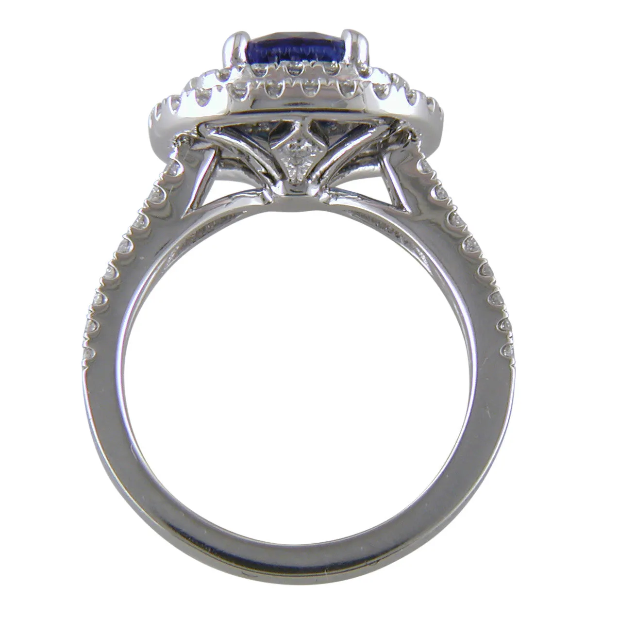 Cushion Shaped Blue Sapphire & Diamond Double Halo Platinum Engagement or Cocktail Ring