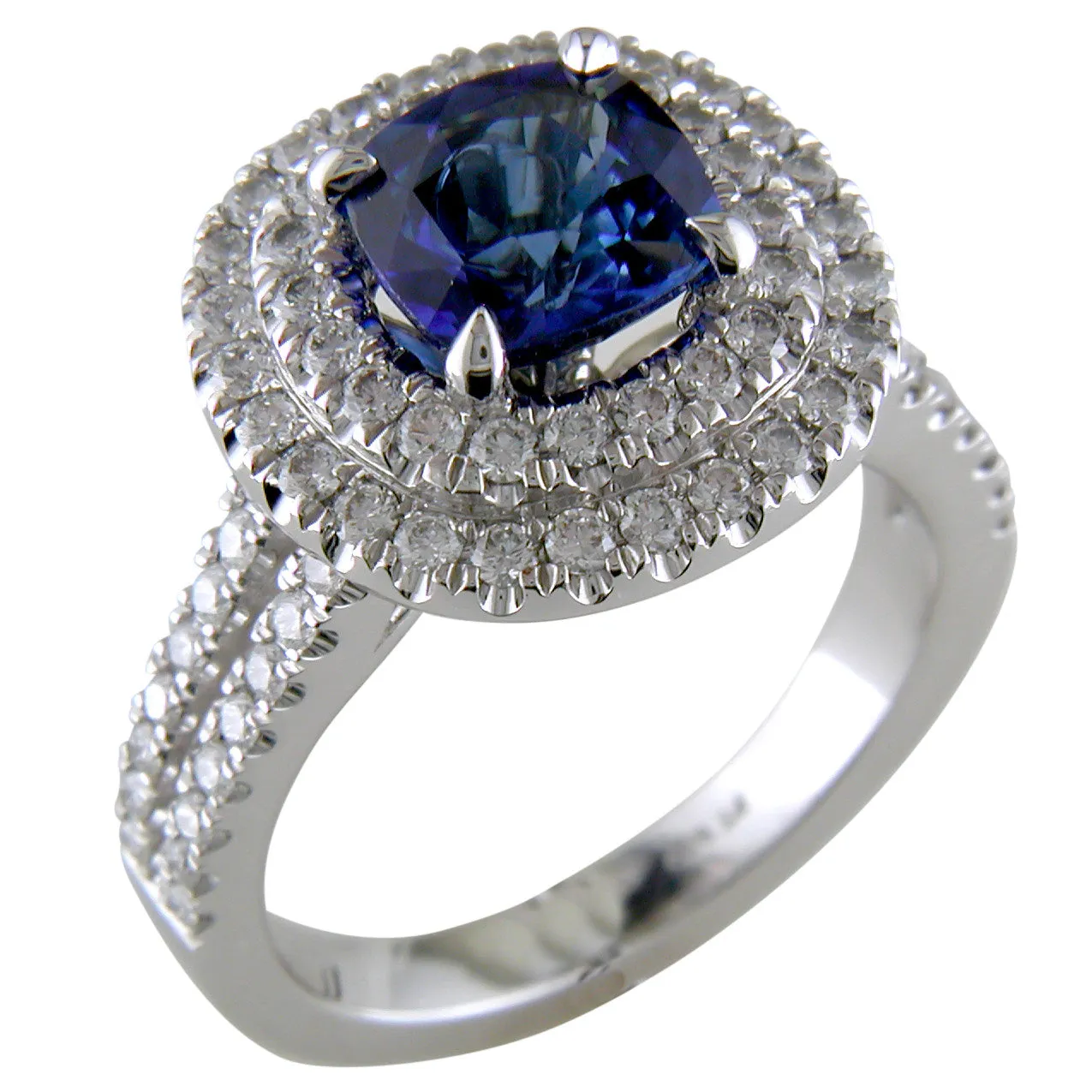 Cushion Shaped Blue Sapphire & Diamond Double Halo Platinum Engagement or Cocktail Ring