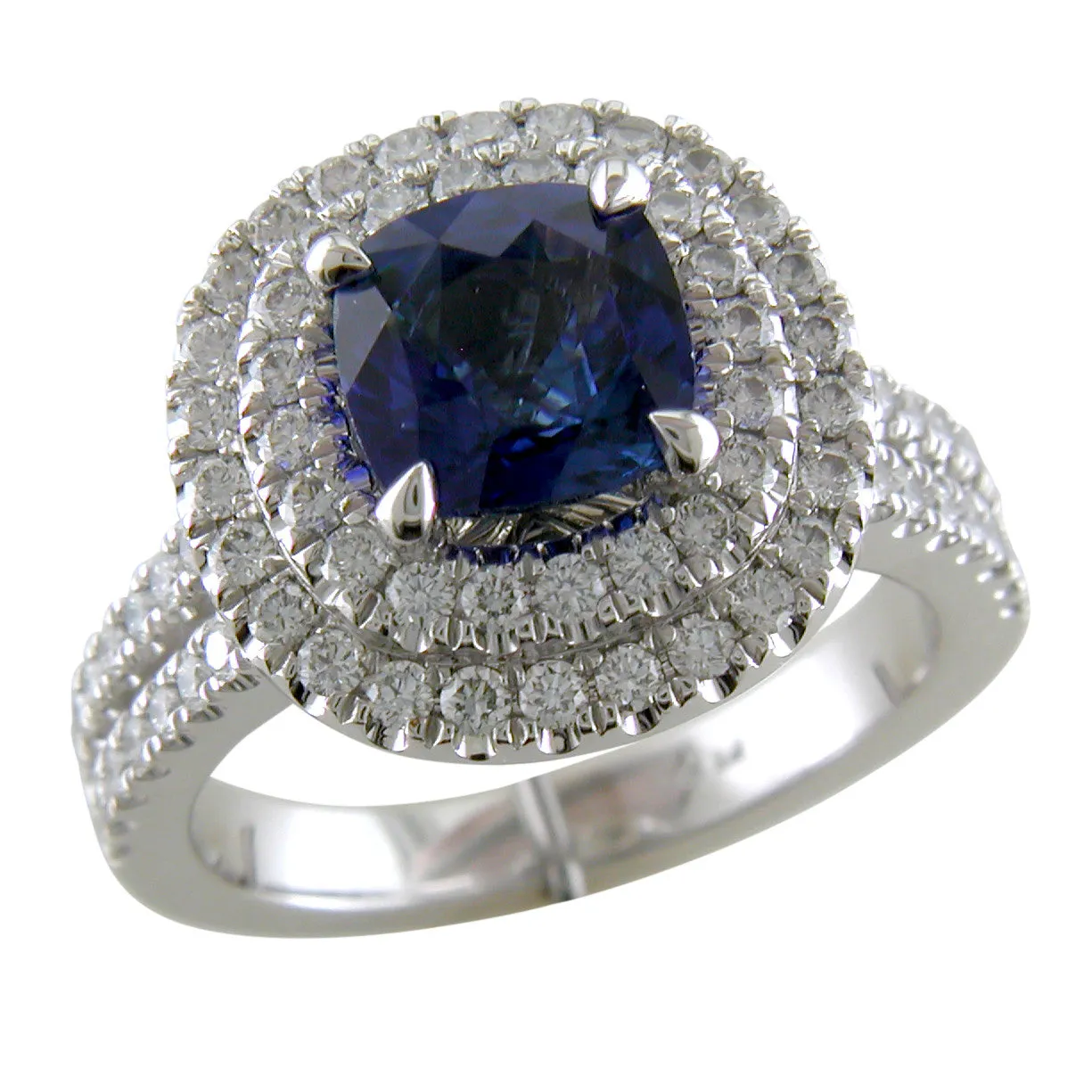 Cushion Shaped Blue Sapphire & Diamond Double Halo Platinum Engagement or Cocktail Ring