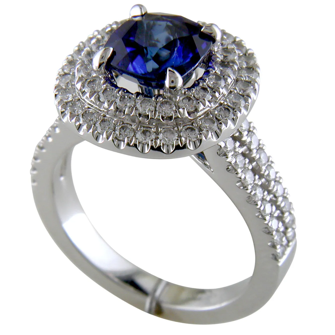 Cushion Shaped Blue Sapphire & Diamond Double Halo Platinum Engagement or Cocktail Ring