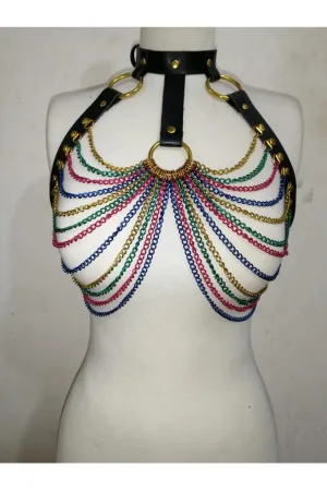 Daisy Corsets Black Faux Leather & Rainbow Metallic Chain Harness