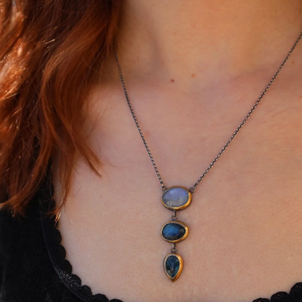 Deep Blue Crescent Rim Drop Necklace