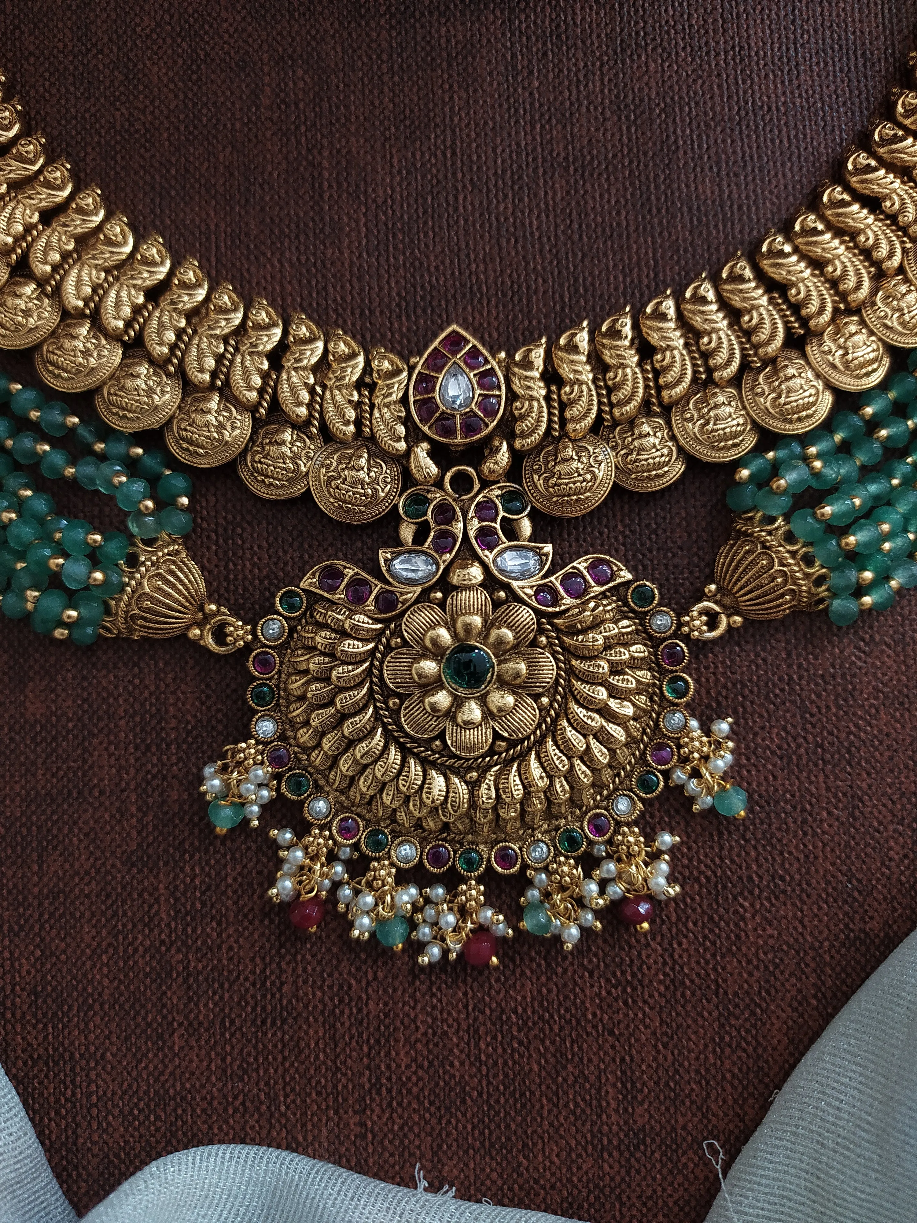 Designer Traditional Antique Choker-Necklace Set with Jhumki, Peacock, and Kasumalai Design