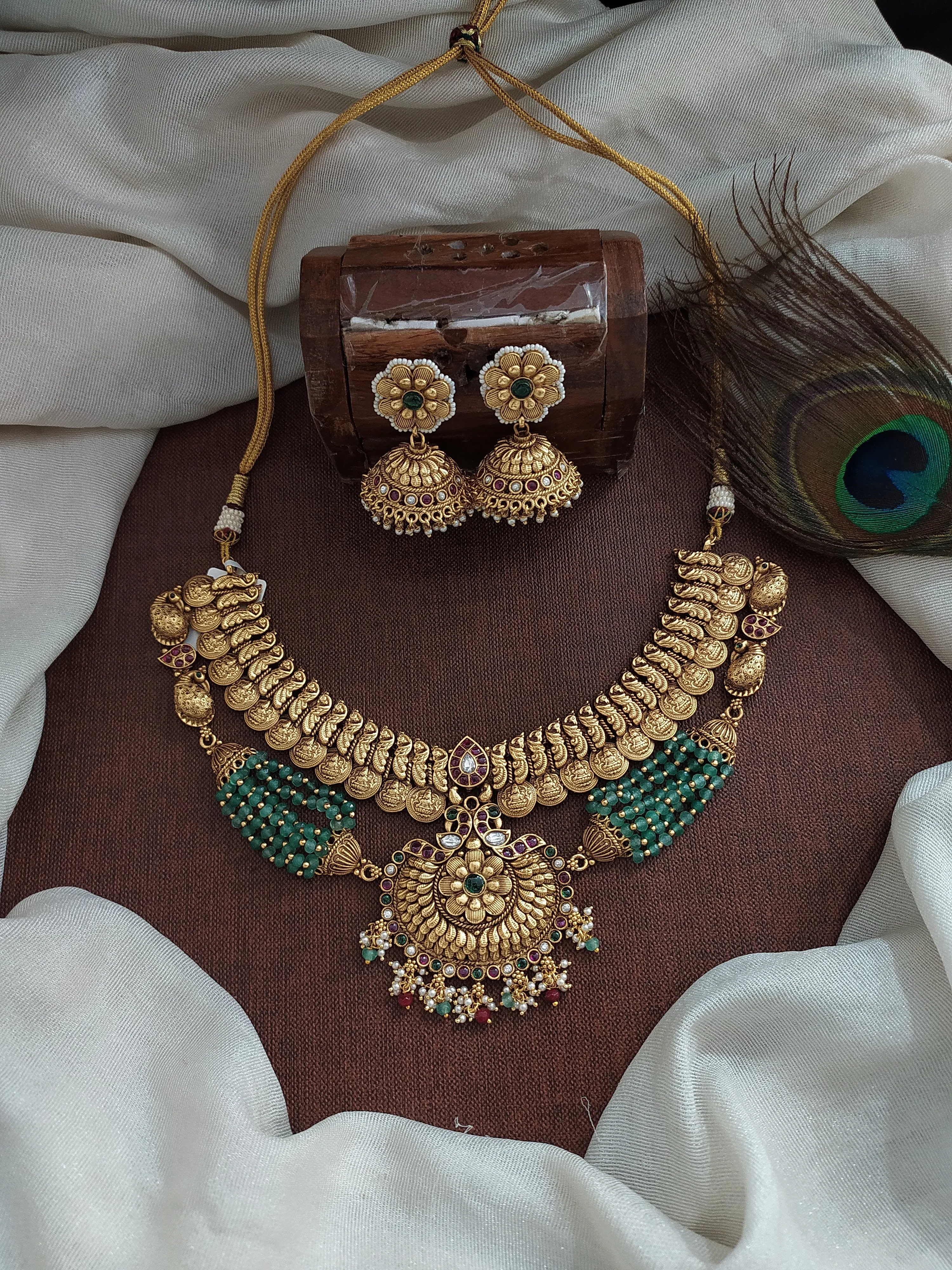 Designer Traditional Antique Choker-Necklace Set with Jhumki, Peacock, and Kasumalai Design