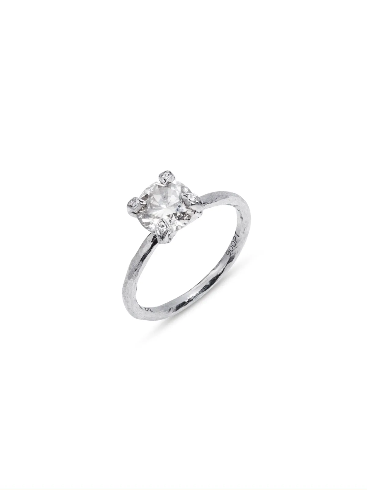 Diamond Long Prong Hammered Platinum Ring