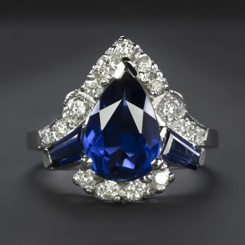 DIAMOND SYNTHETIC SAPPHIRE 14k WHITE GOLD COCKTAIL RING PEAR SHAPE ESTATE BLUE