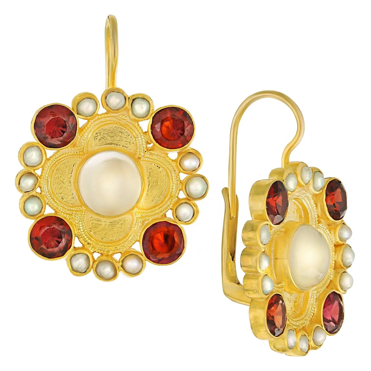 Duchess Of Alba Moonstone, Garnet and Pearl Earrings