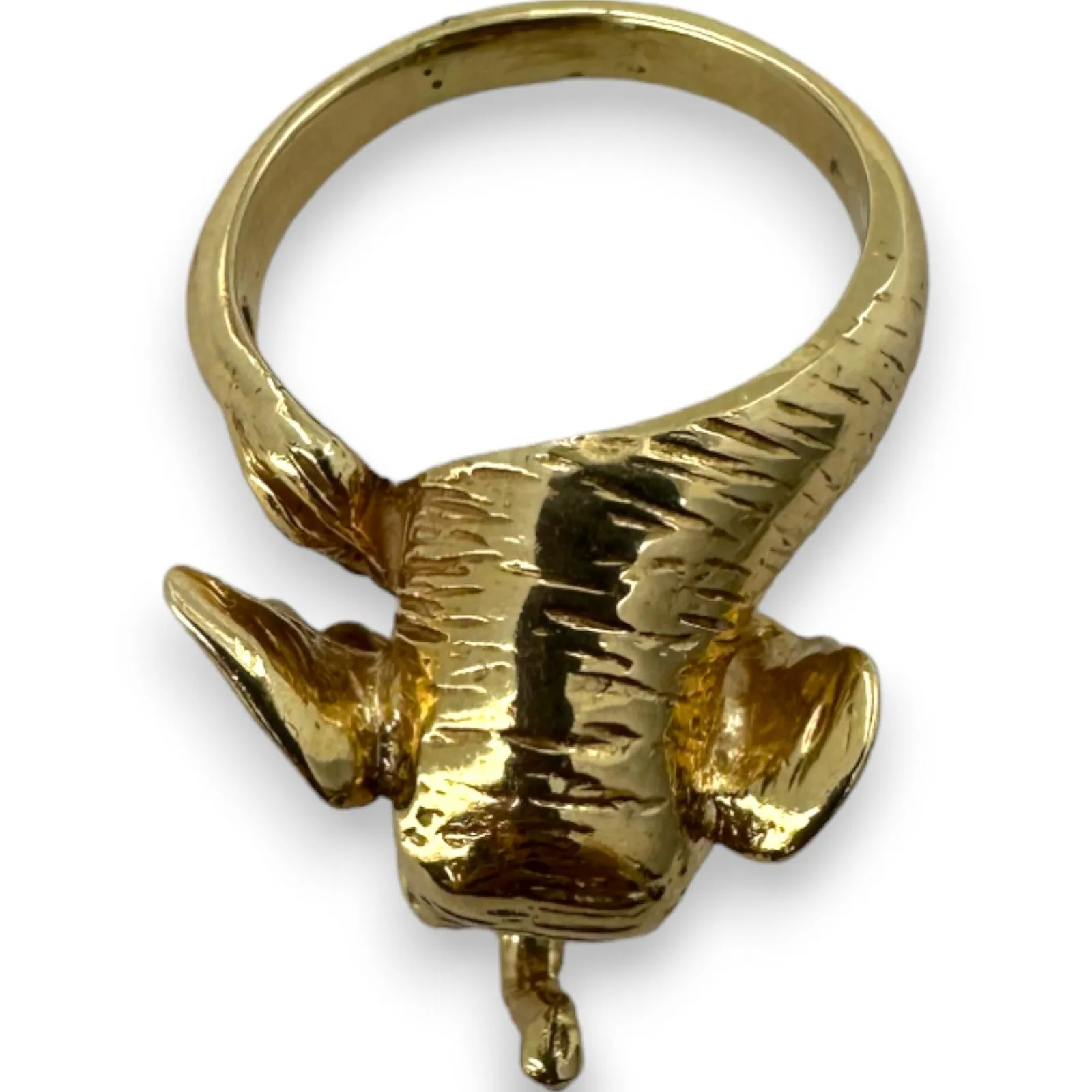 Elephant Head to Tail Ring with Diamond Eyes and Small Diamond Inside Trunk Solid 14kt Yellow Gold Detailed