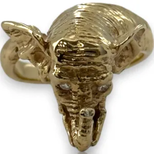 Elephant Head to Tail Ring with Diamond Eyes and Small Diamond Inside Trunk Solid 14kt Yellow Gold Detailed