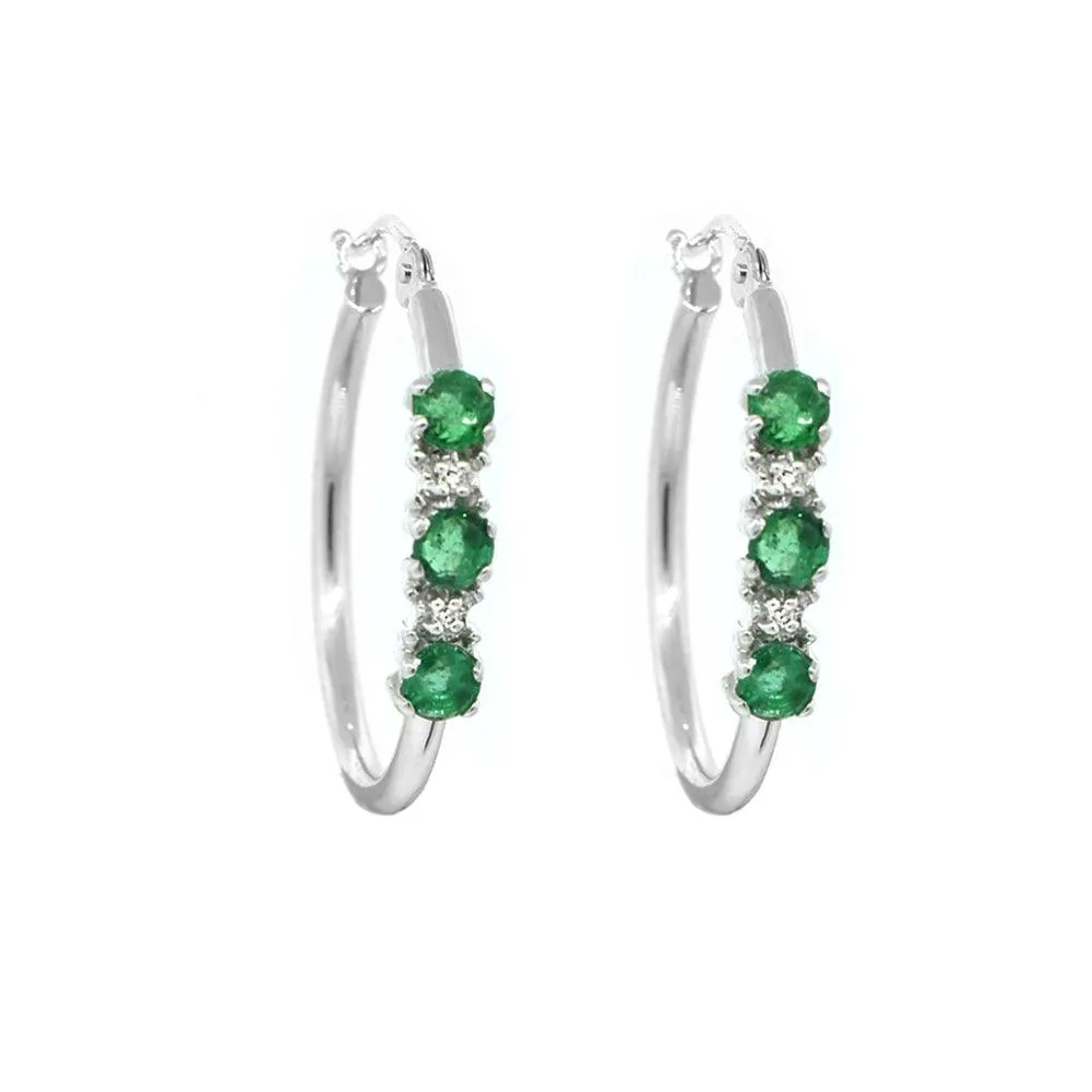 Emerald and Diamond Hoop Earrings in 10K White Gold