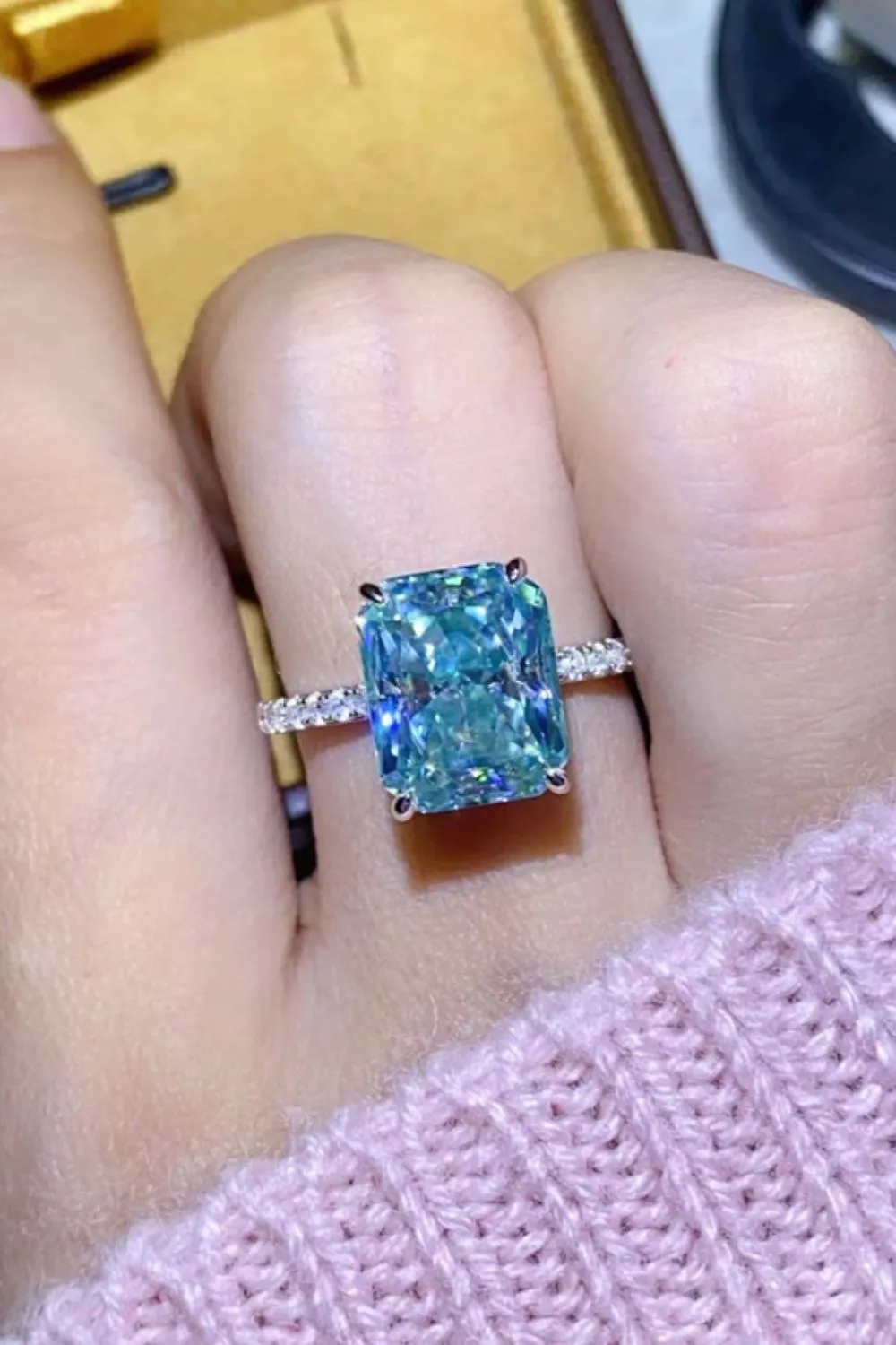 Emerald Cut Blue Diamond Simulation Engagement Ring 2 Carat Moissanite Cocktail Ring