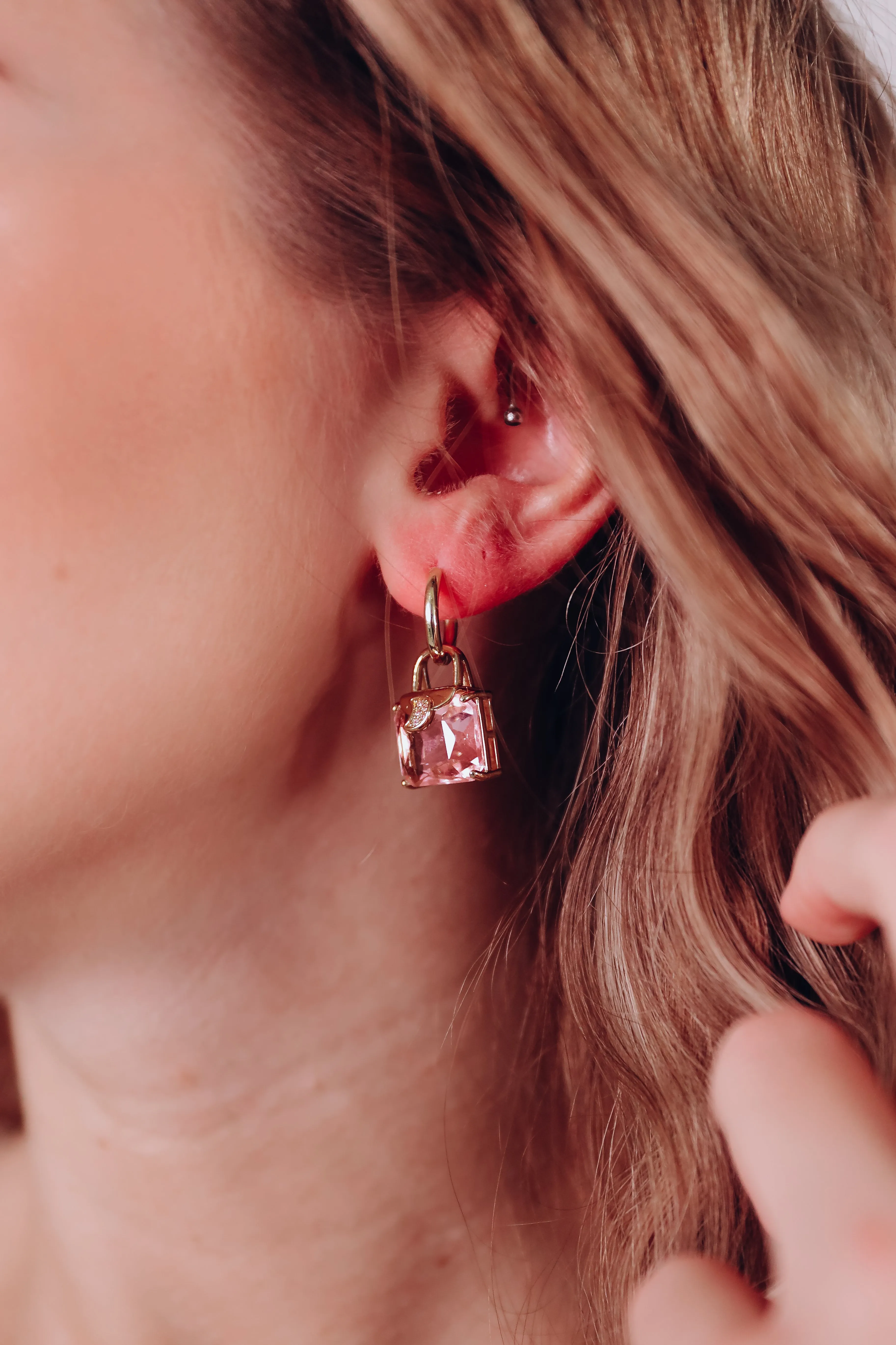 Emerald Cut Huggie Earrings - Pink