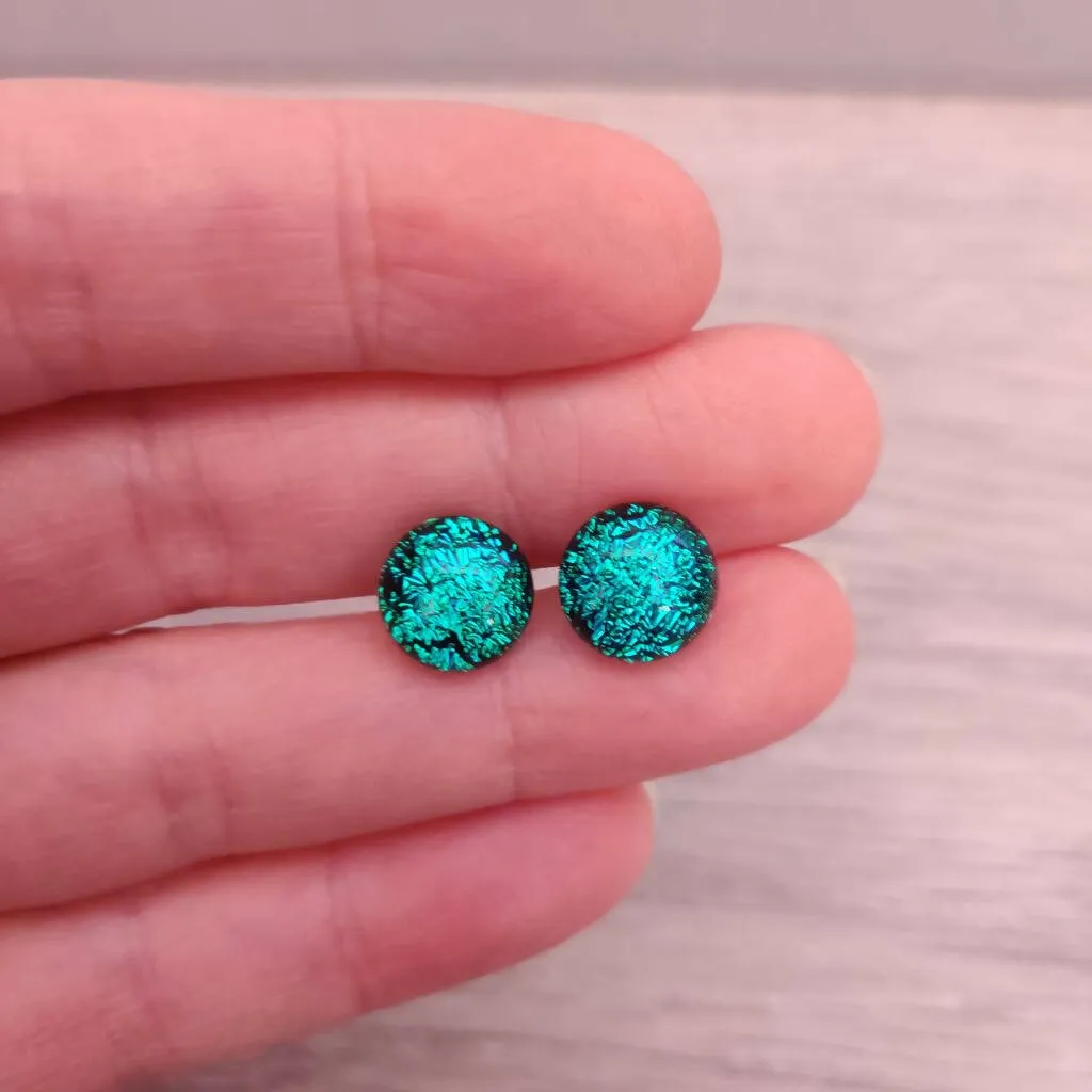 Emerald Fizz Dichroic Glass Silver Stud Earrings