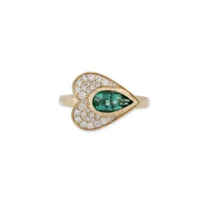 EMERALD TEARDROP PAVE SIDEWAYS HEART RING