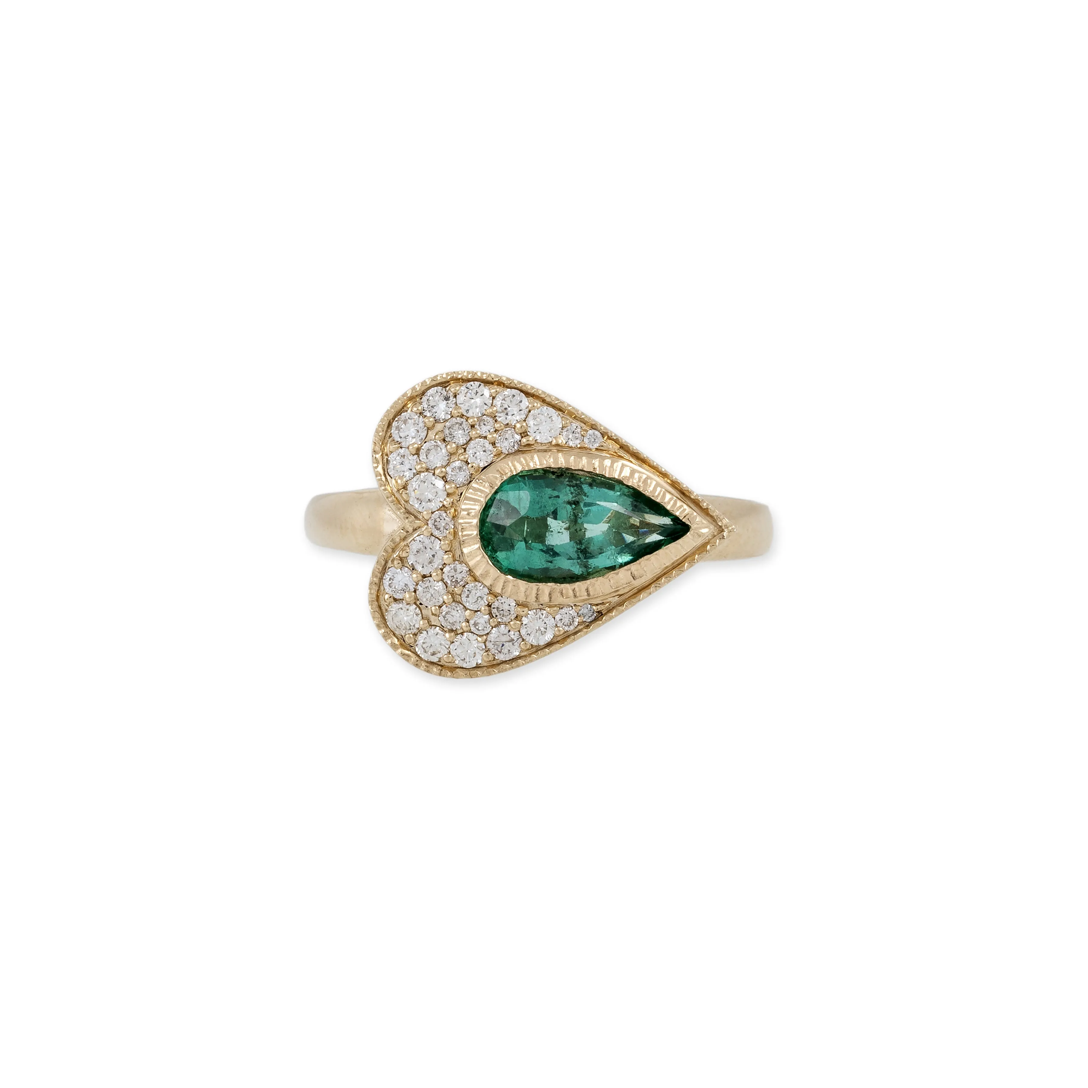 EMERALD TEARDROP PAVE SIDEWAYS HEART RING