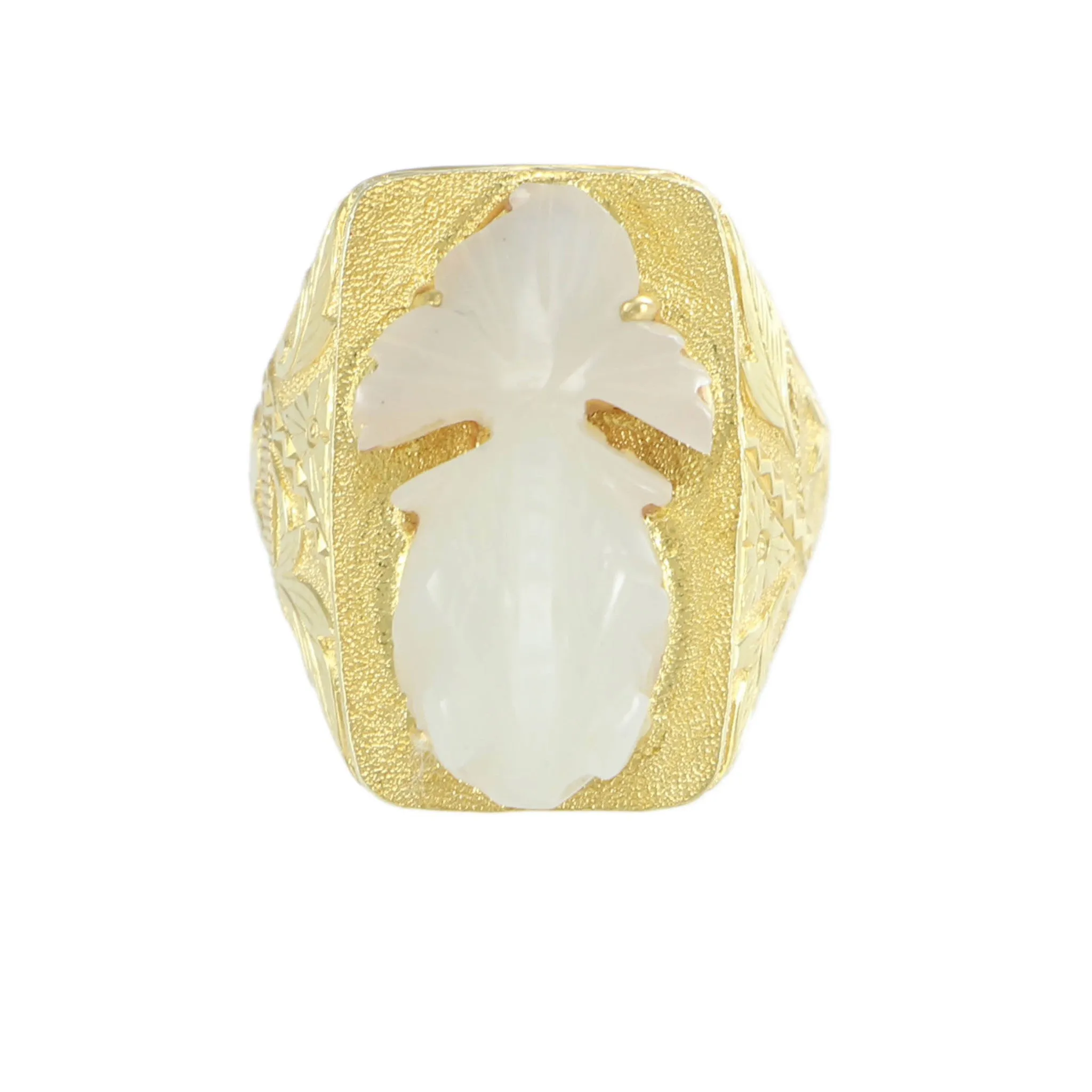 Fish Ring Nephrite White Jade Womens 18k Yellow Gold Vtg Floral Etched Cocktail