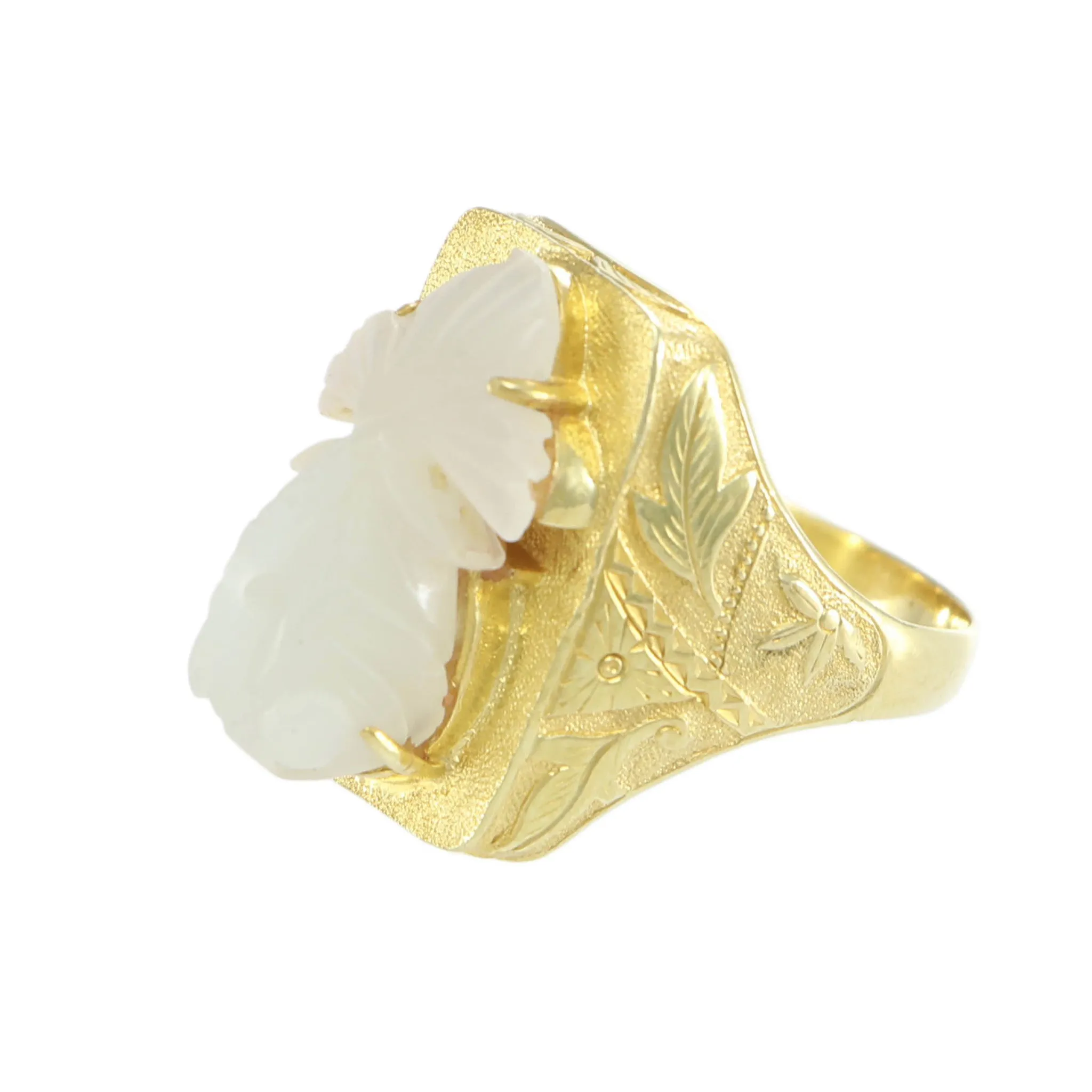 Fish Ring Nephrite White Jade Womens 18k Yellow Gold Vtg Floral Etched Cocktail