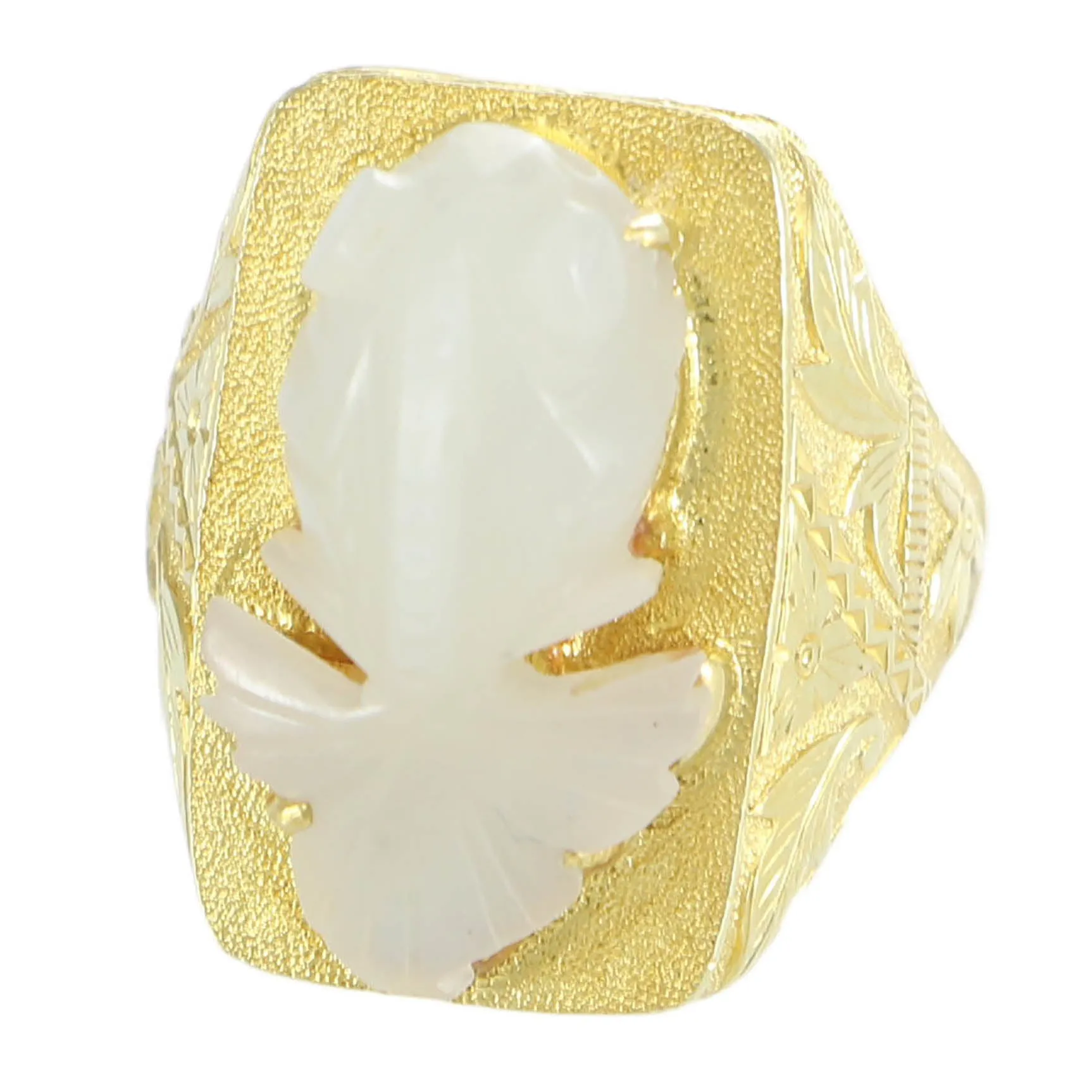 Fish Ring Nephrite White Jade Womens 18k Yellow Gold Vtg Floral Etched Cocktail