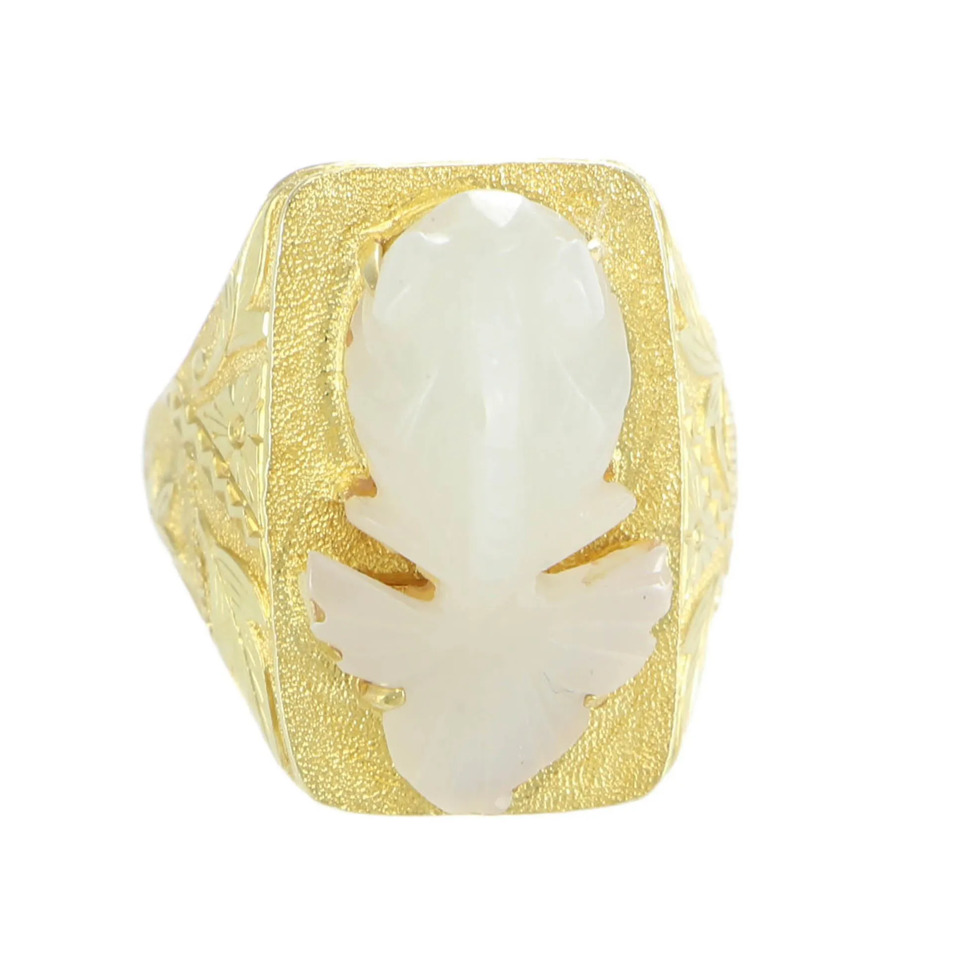 Fish Ring Nephrite White Jade Womens 18k Yellow Gold Vtg Floral Etched Cocktail