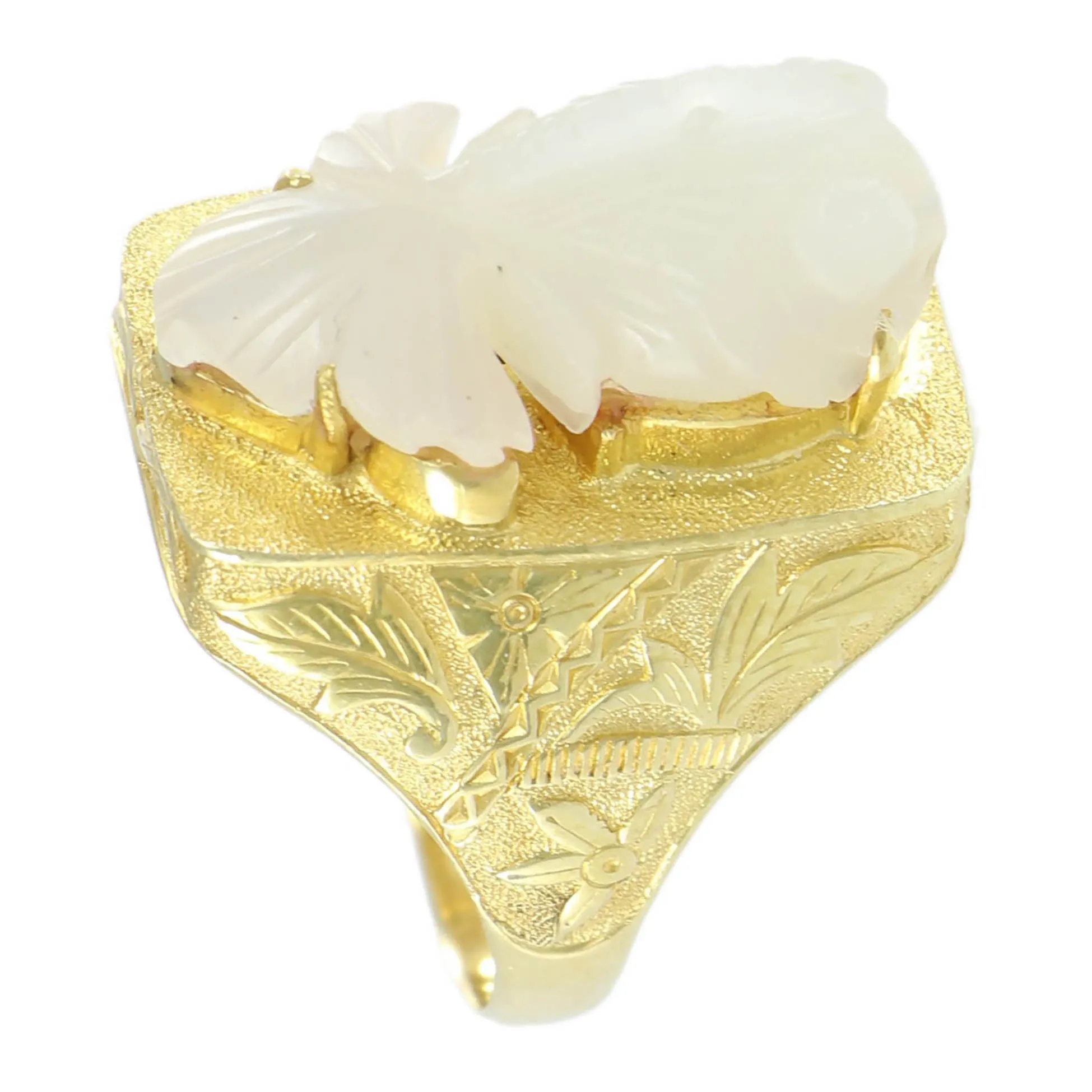 Fish Ring Nephrite White Jade Womens 18k Yellow Gold Vtg Floral Etched Cocktail